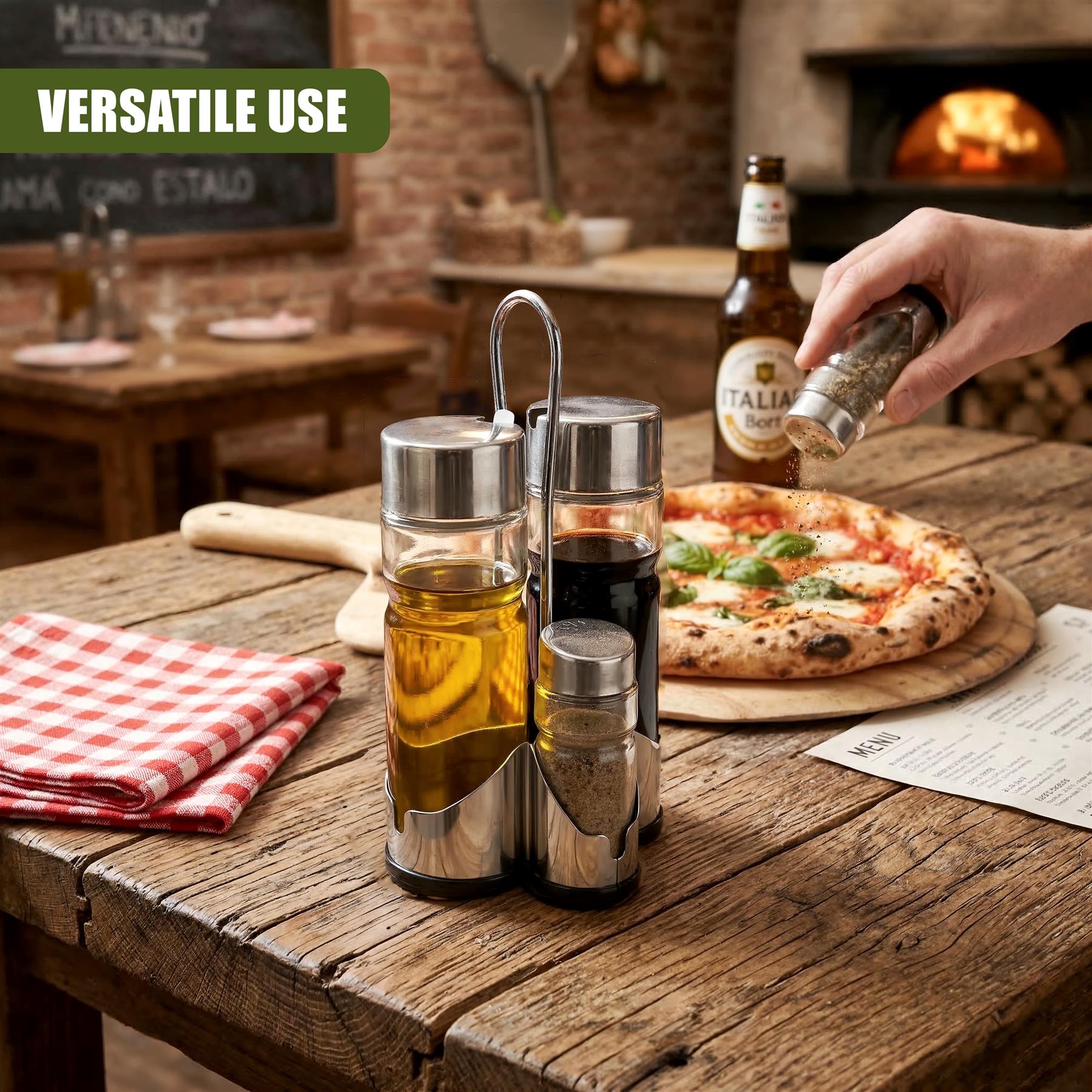 Four metal condiment dispensers holding oil, balsamic vinegar, and spices on a wooden table.
