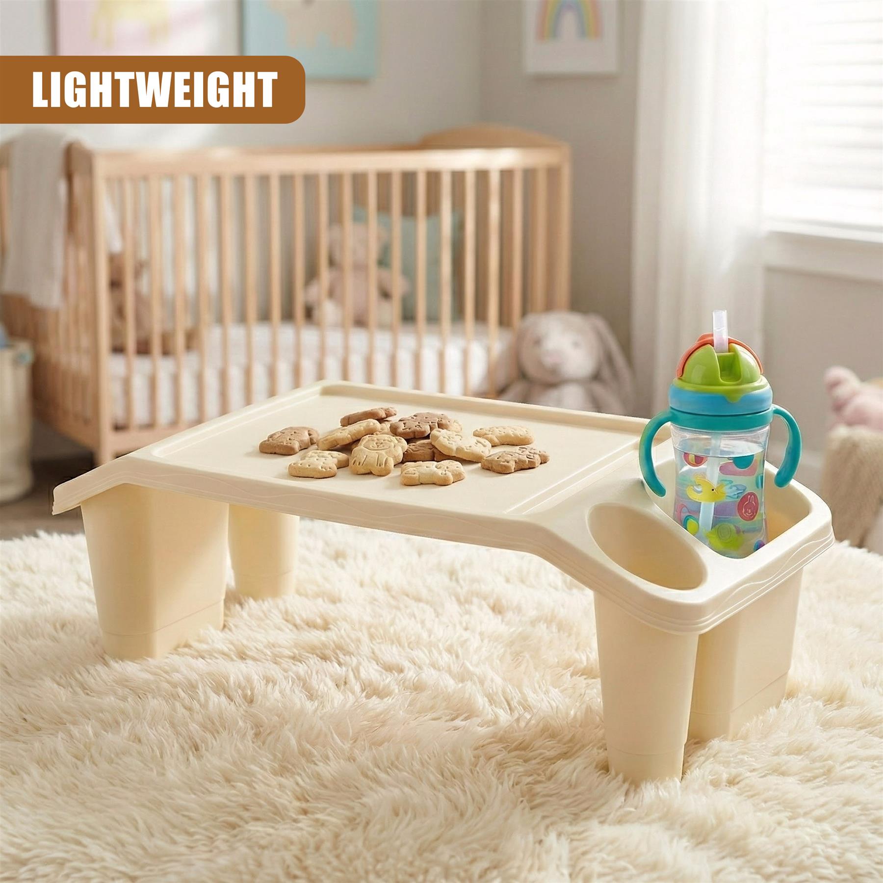 A child's table with a built-in cup holder and a tray for snacks, featuring a foldable design for easy storage. - The Magic Toy Shop