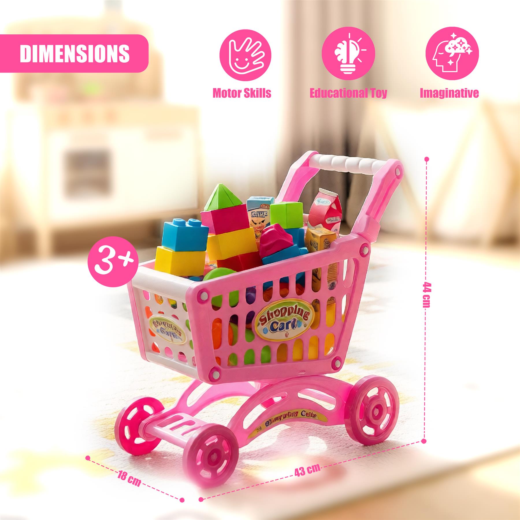 "A small pink toy shopping cart with various children's toys inside, suitable for toddlers' imaginative play." - The Magic Toy Shop