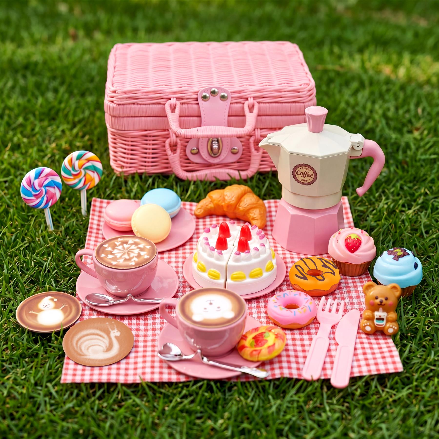 Miniature teacups, snacks, a kettle, and a teddy bear are arranged on a pink picnic cloth on the grass.
