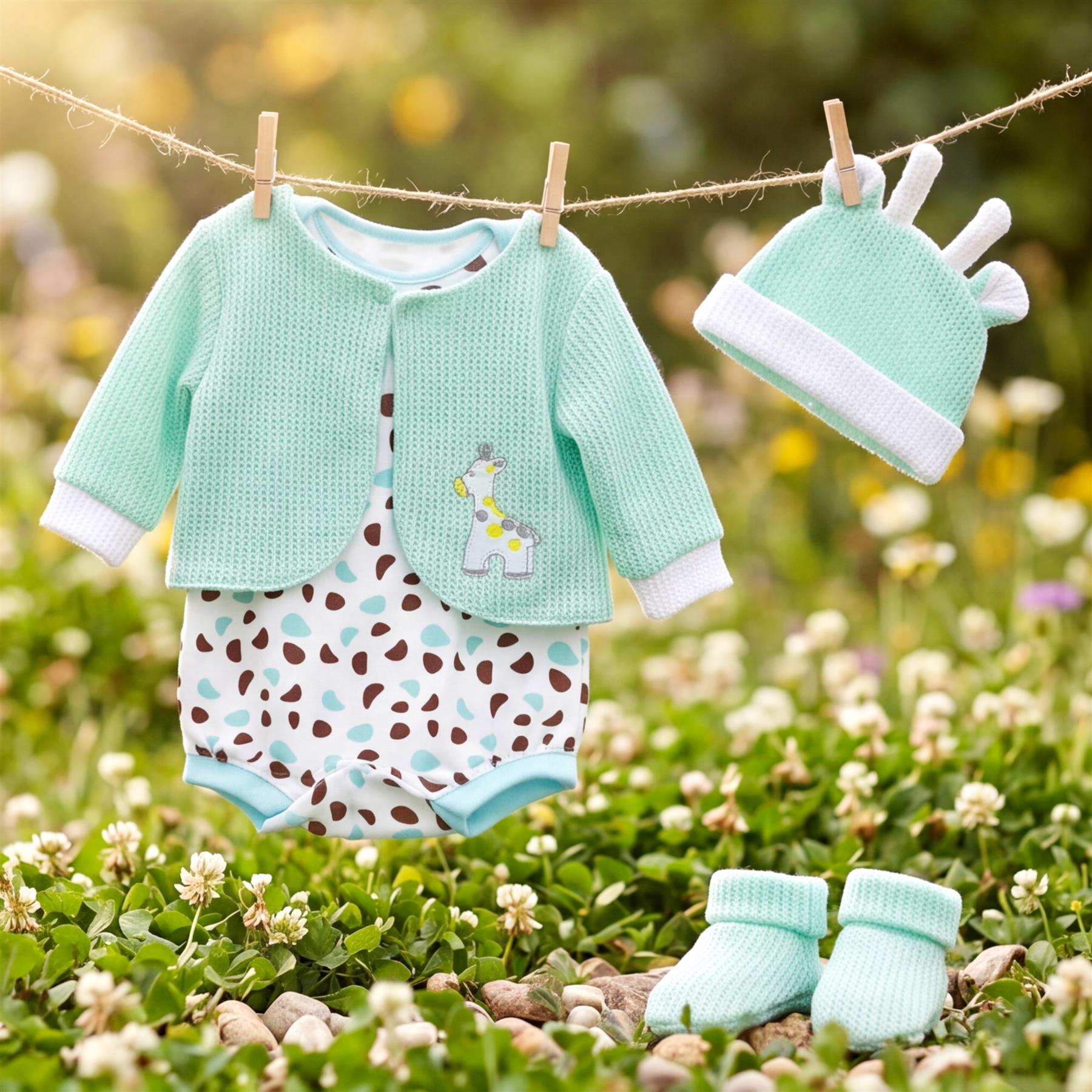 Mint green cardigan, spotted bodysuit, and matching accessories hanging on a line in nature.