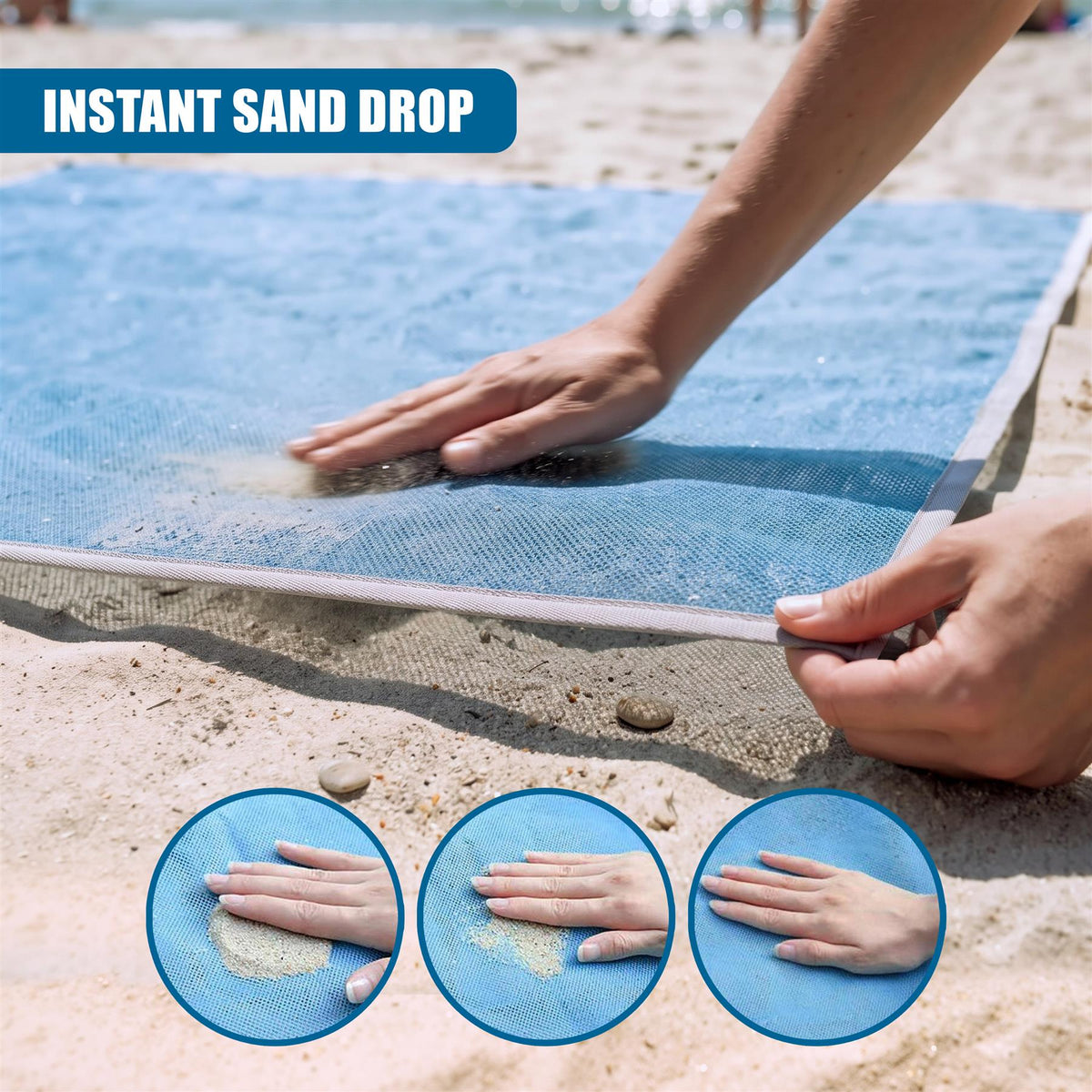 GEEZY sand-free beach blanket shows a person using the mesh mat to create a sandless surface