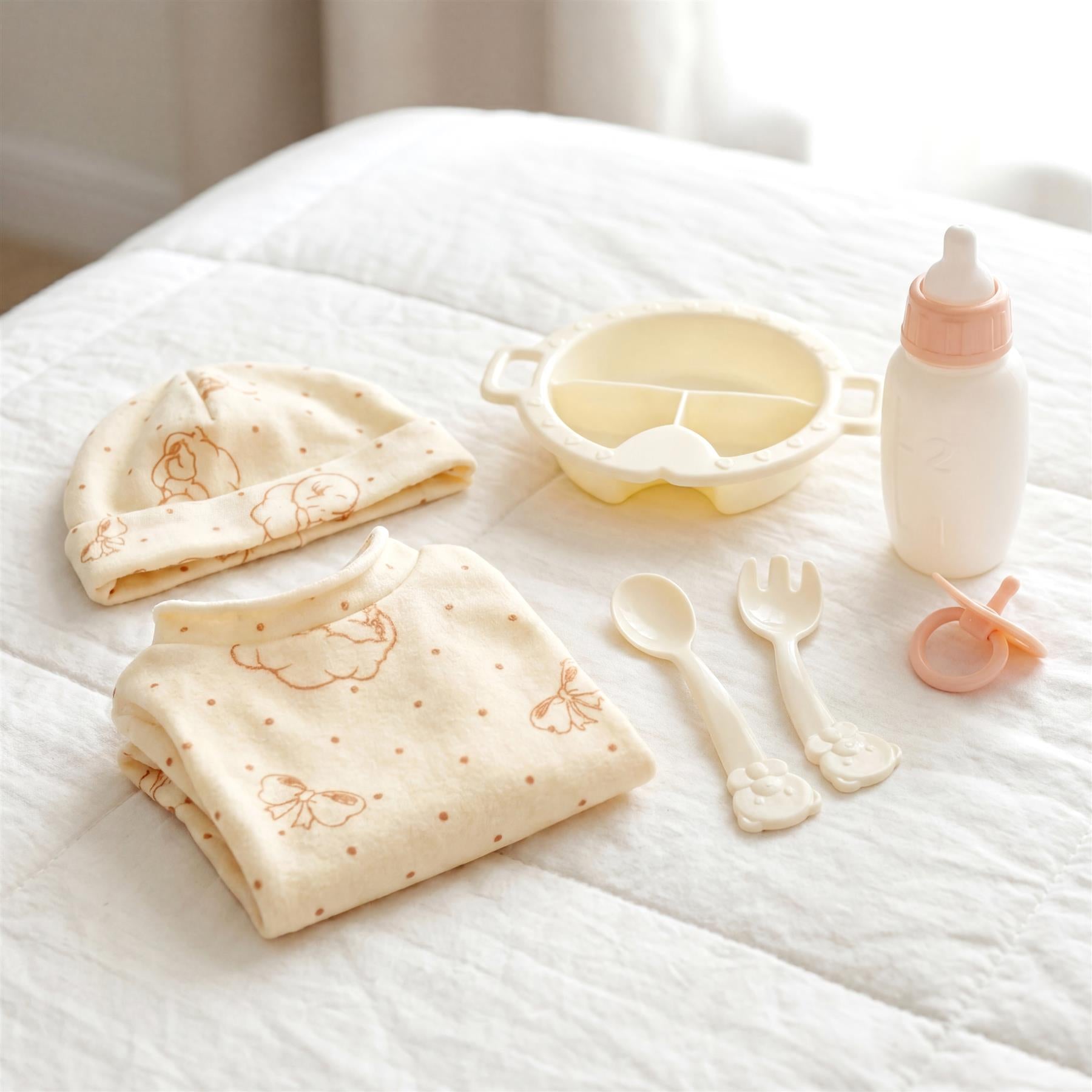 Cream baby clothes, feeding tray, spoon, fork, bottle, and small accessory are displayed on white fabric.