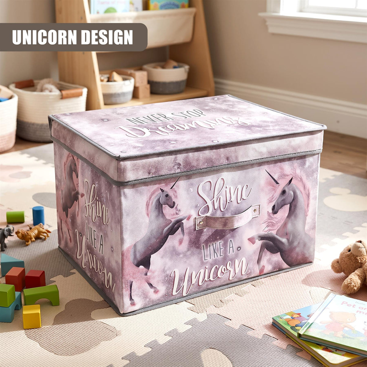 Unicorn storage box with a pink and white design sits on a colourful rug in a child’s room