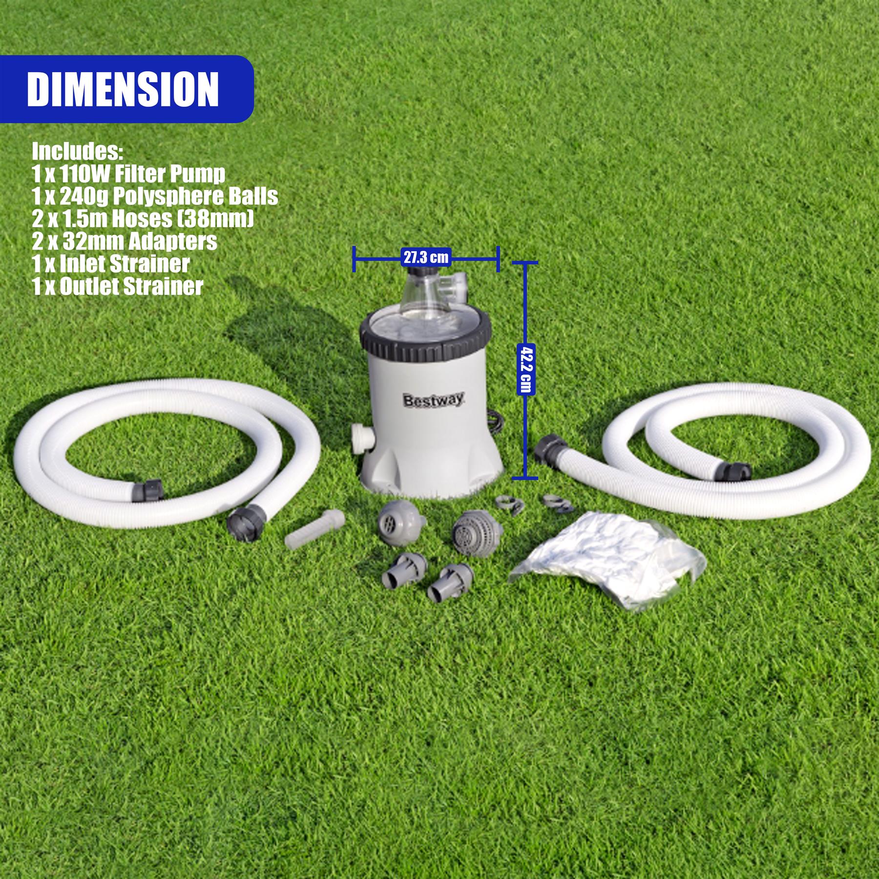 The Bestway filter pump is displayed with hoses, strainers, adapters, and polysphere balls.