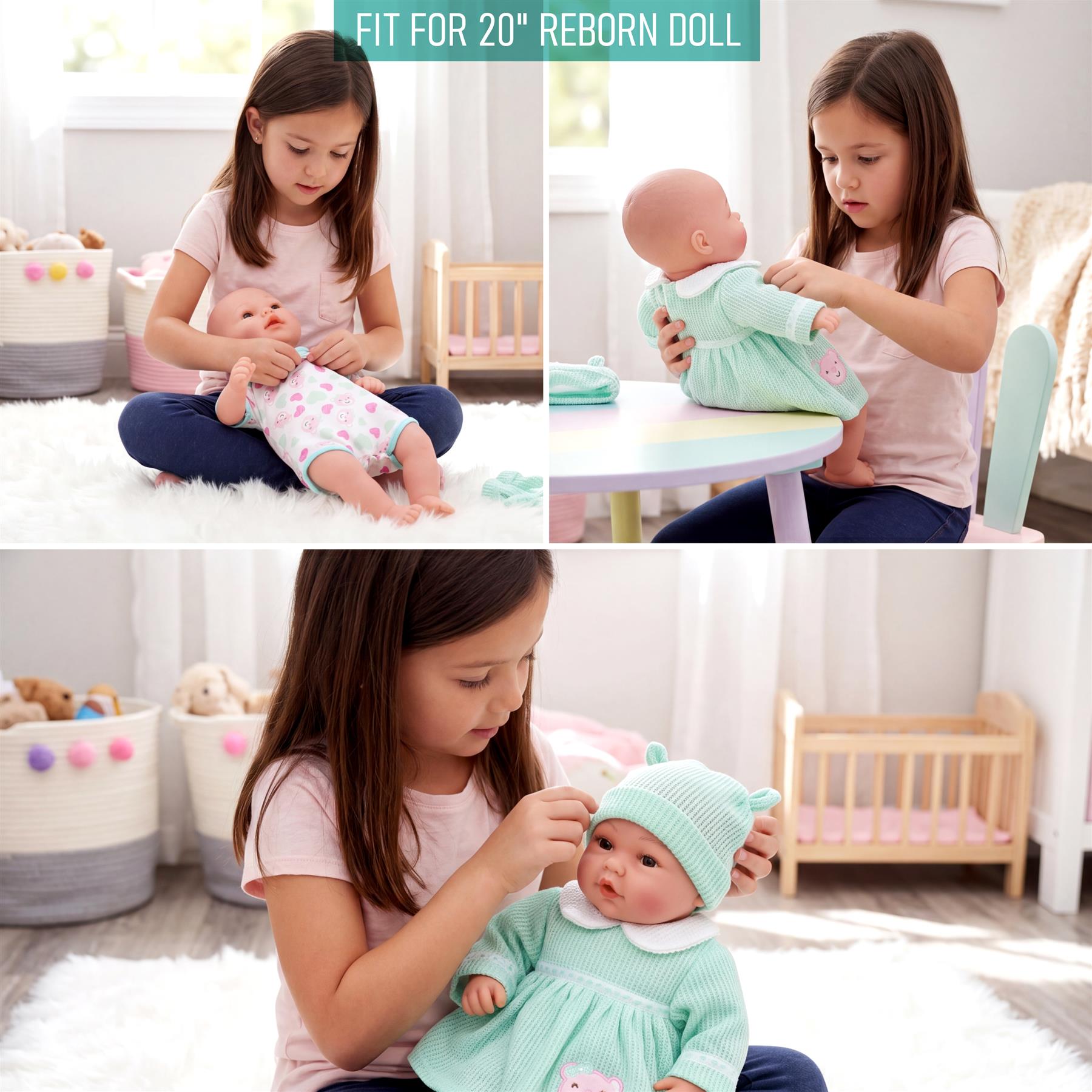 Collage of scenes showing girls dressing reborn dolls in the pale mint green knitted outfit.
