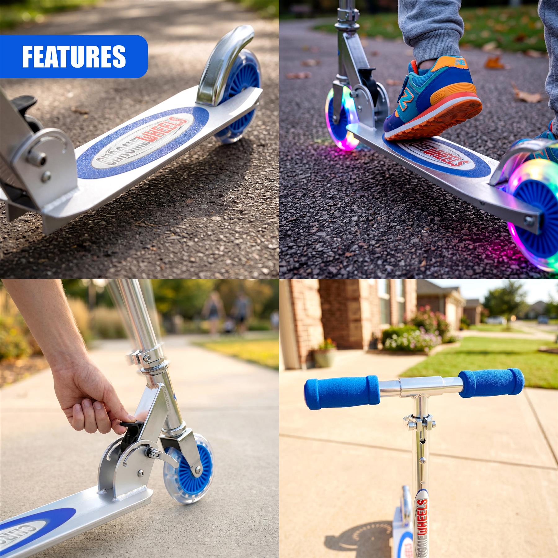 Blue kids scooter photographed from multiple angles, showing the wheels, deck, and handlebar grip.
