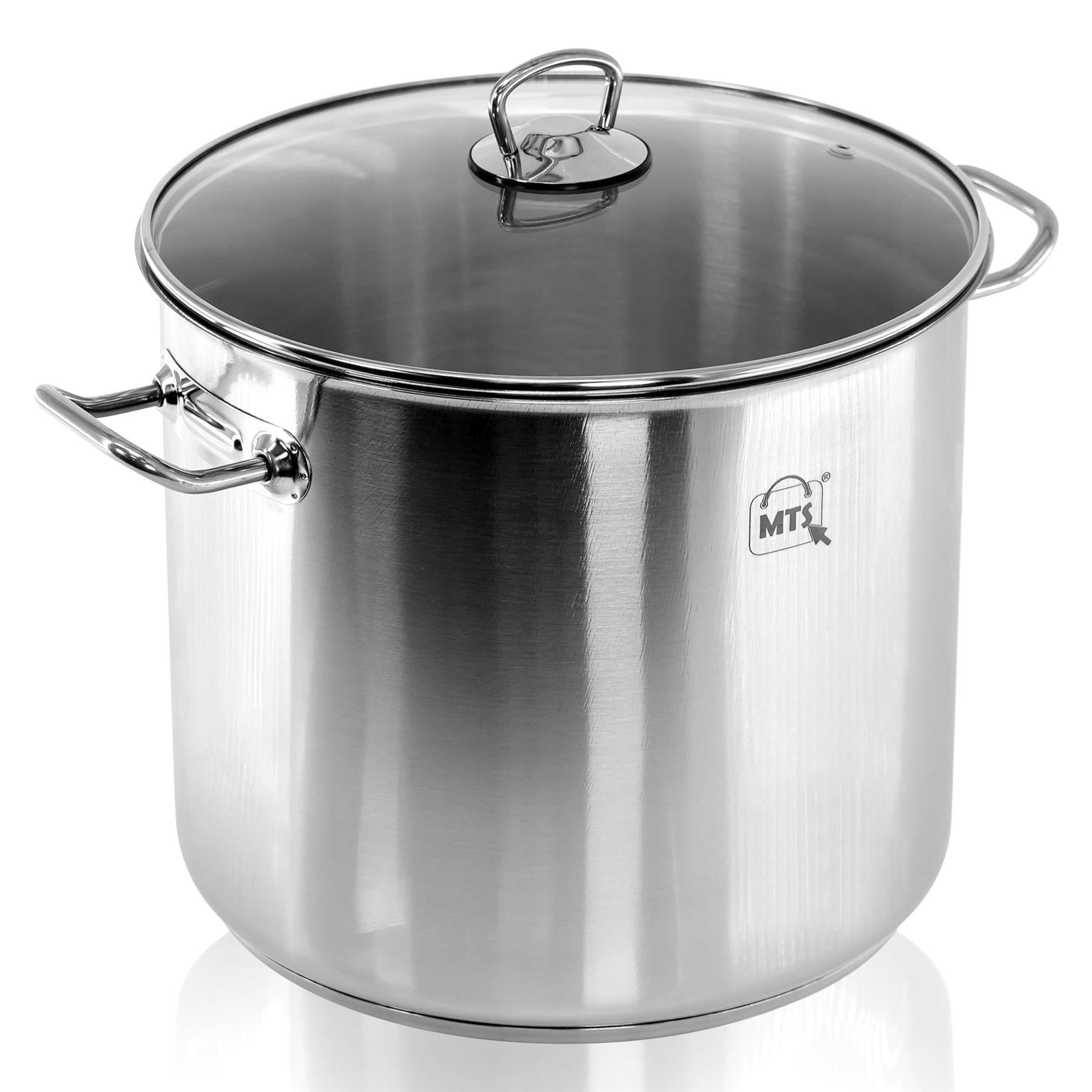 Stainless steel stock pot includes a clear glass lid and sturdy side handles for cooking.