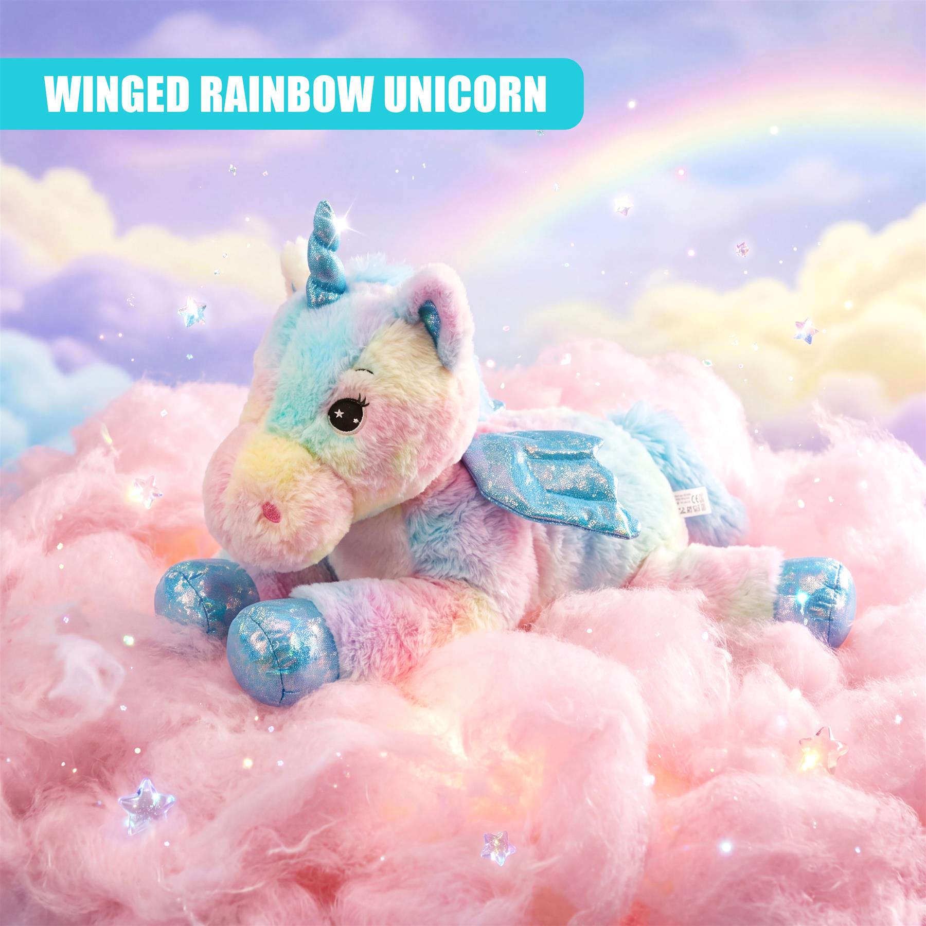 Large rainbow unicorn plush toy rests on fluffy pink and pastel clouds.