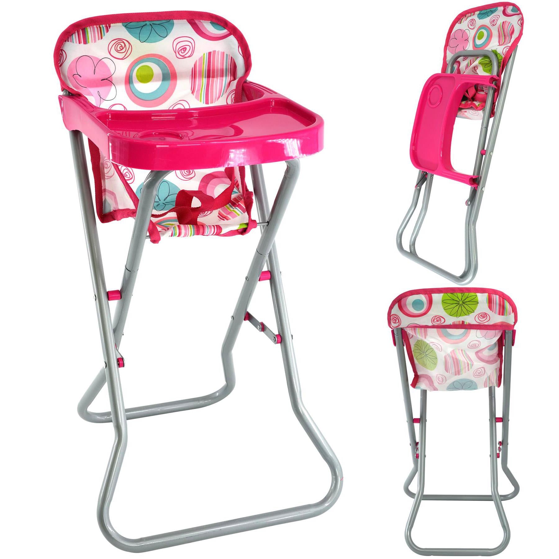 Pink high chair with white polka dots, stroller on the side. - The Magic Toy Shop