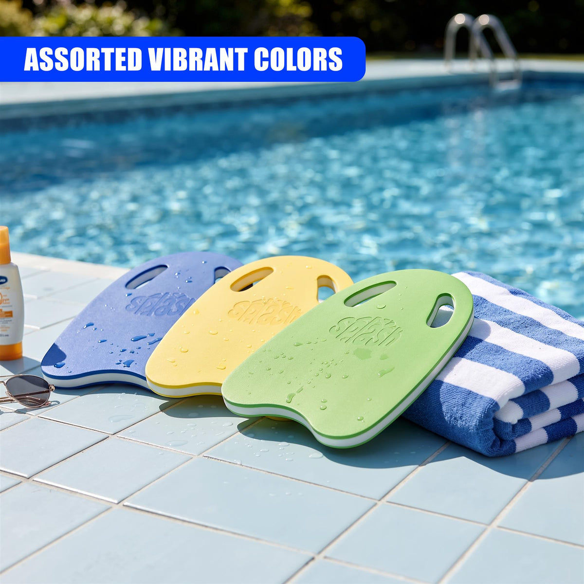 Vibrant blue, yellow, and green EVA foam kickboards from GEEZY float in a swimming pool