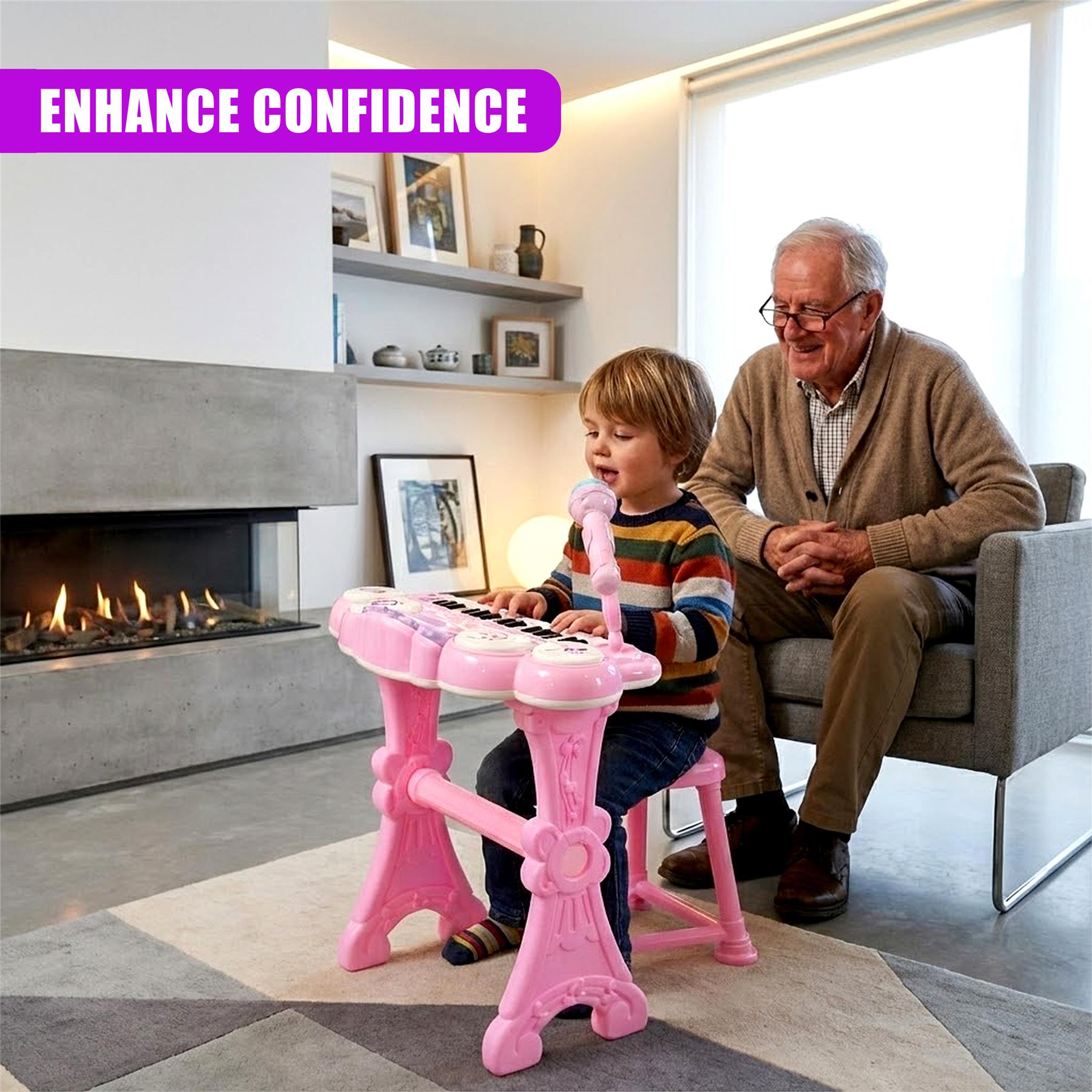 Pink Piano Toy with Microphone and Stool