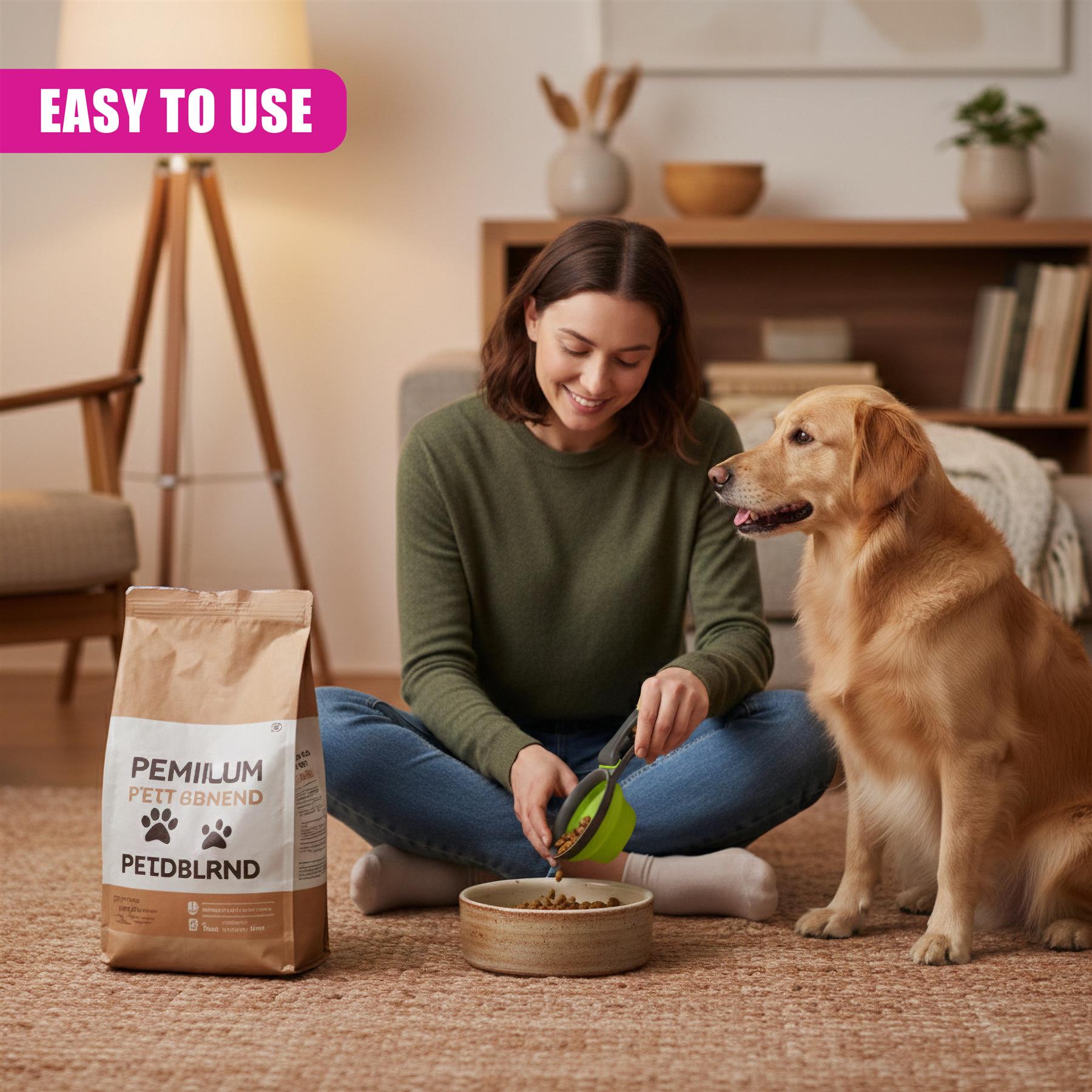 Woman feeds dog from a bowl using a green collapsible pet food scoop.