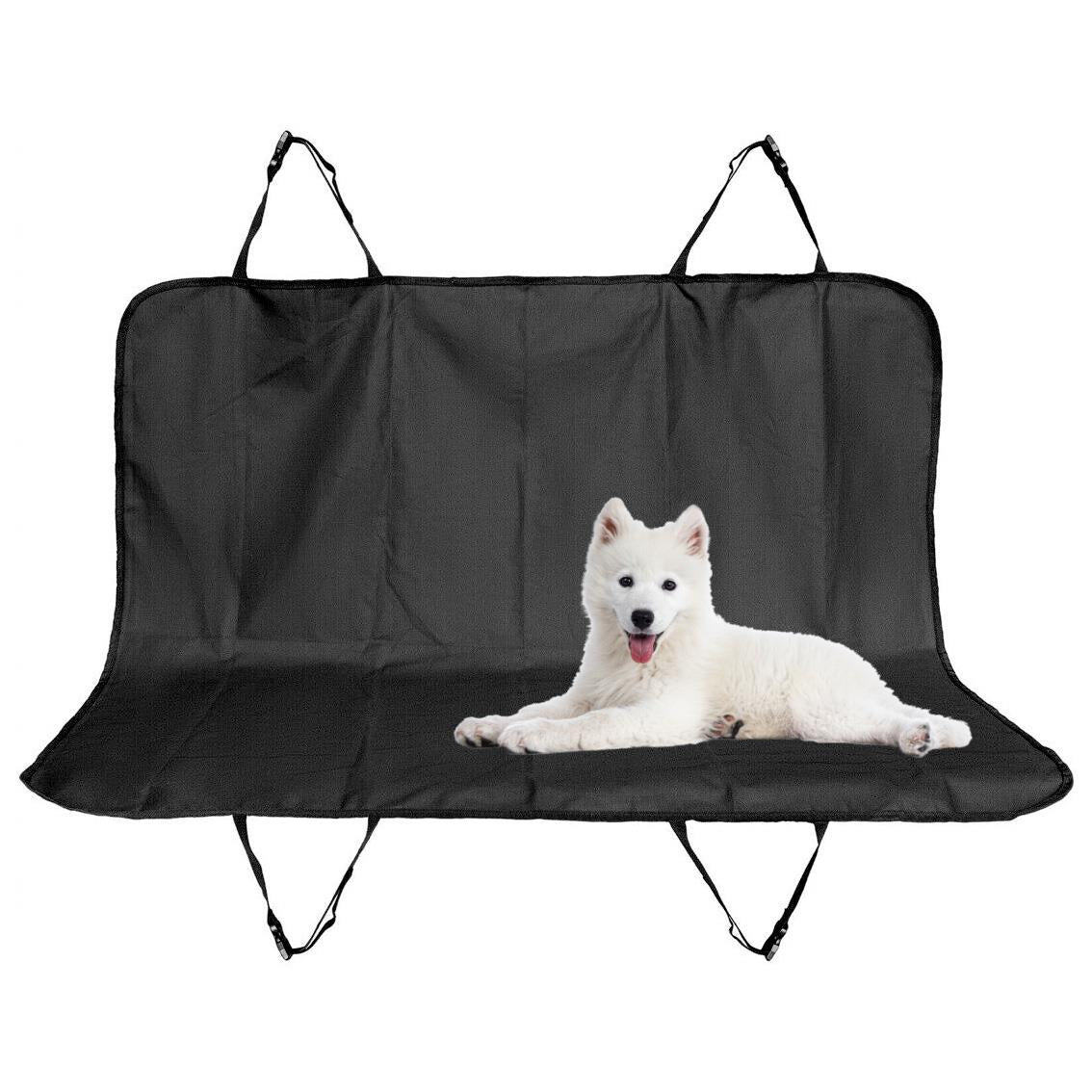 A car seat cover with a design of a white Samoyed dog lying on the back seat, with its tongue out and paws out. The cover is a dark grey colour and has two straps to secure it to the car seat. - The Magic Toy Shop