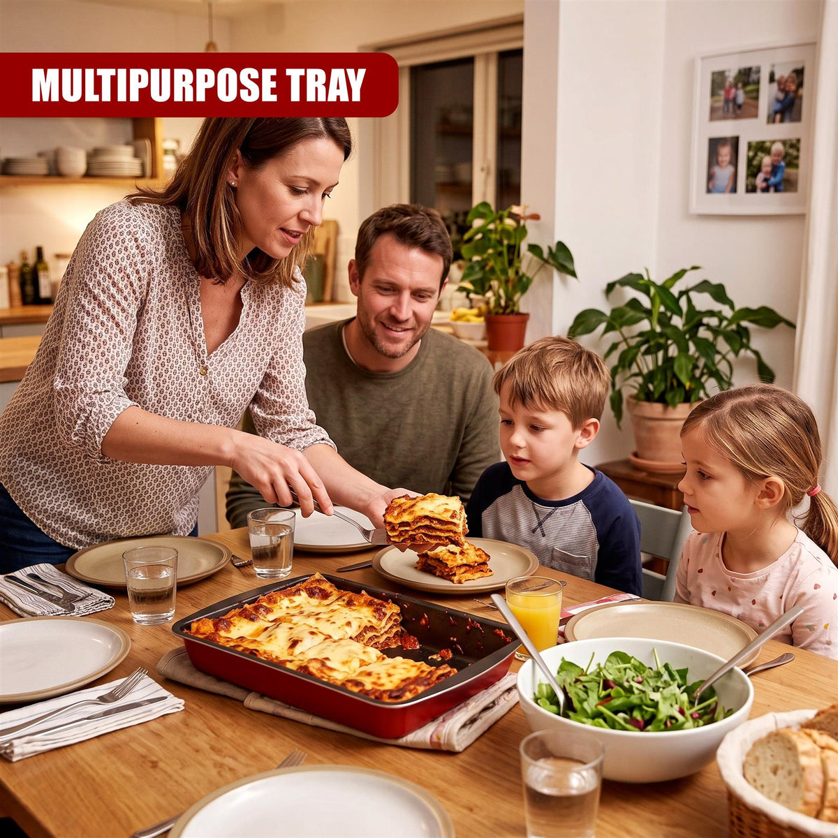 A family enjoys a meal from a red GEEZY roasting tray set, showcasing three baking tins