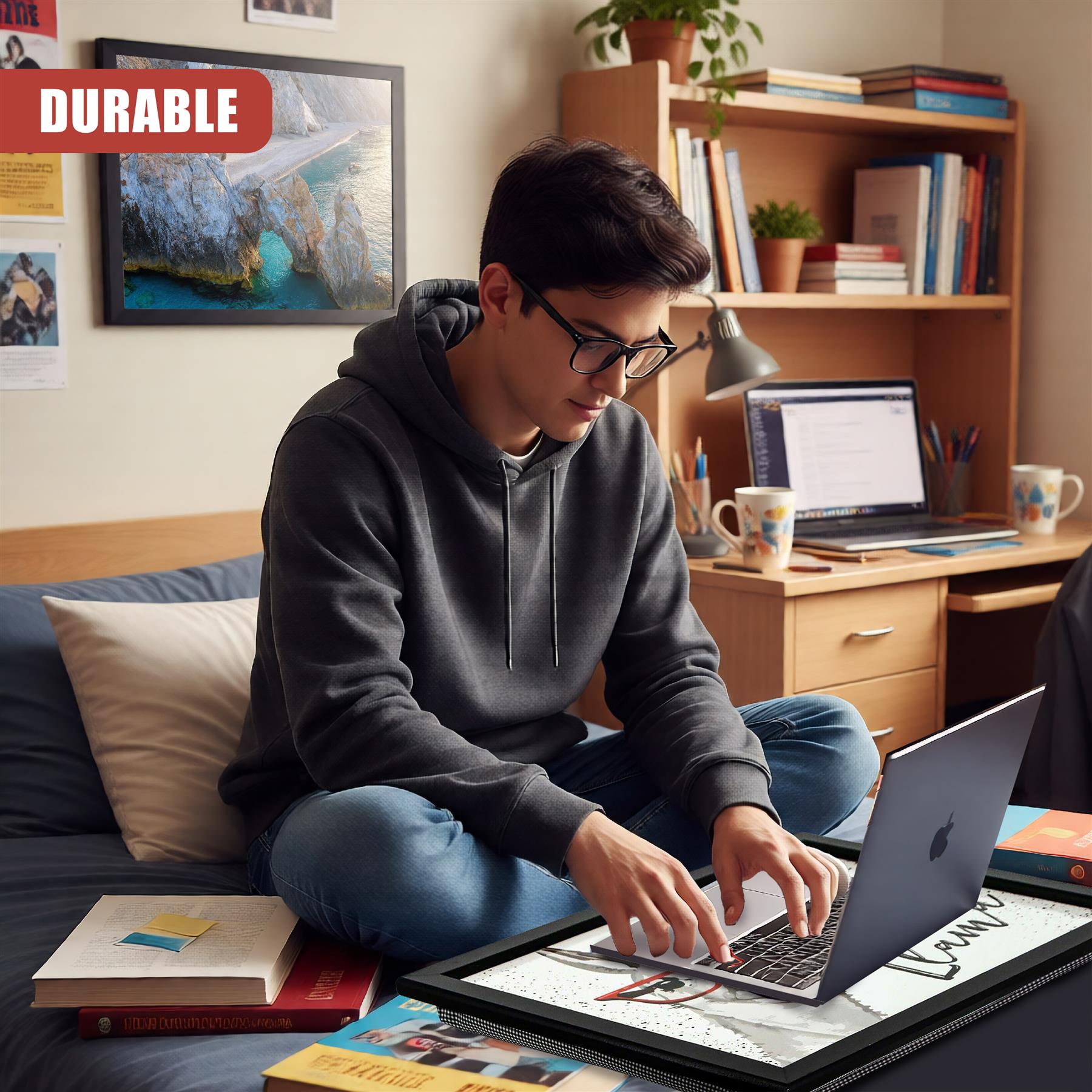 Black lap tray rests on a cushion featuring a llama design. Provides a stable surface for laptops and books.