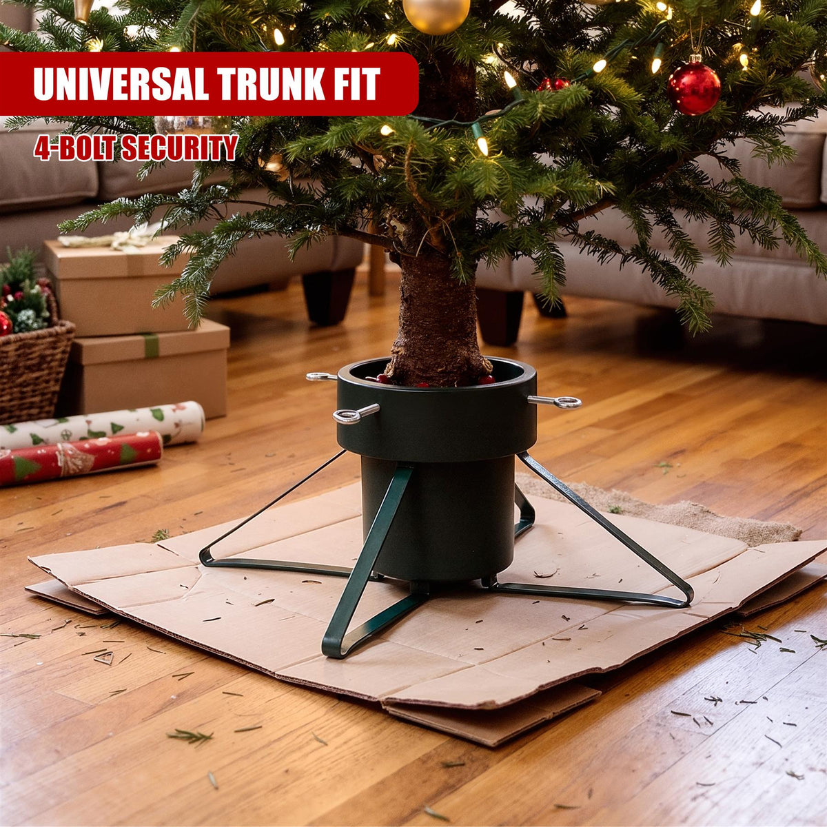 Metal Christmas tree stand with a green frame and cardboard tree base, secured with four bolts