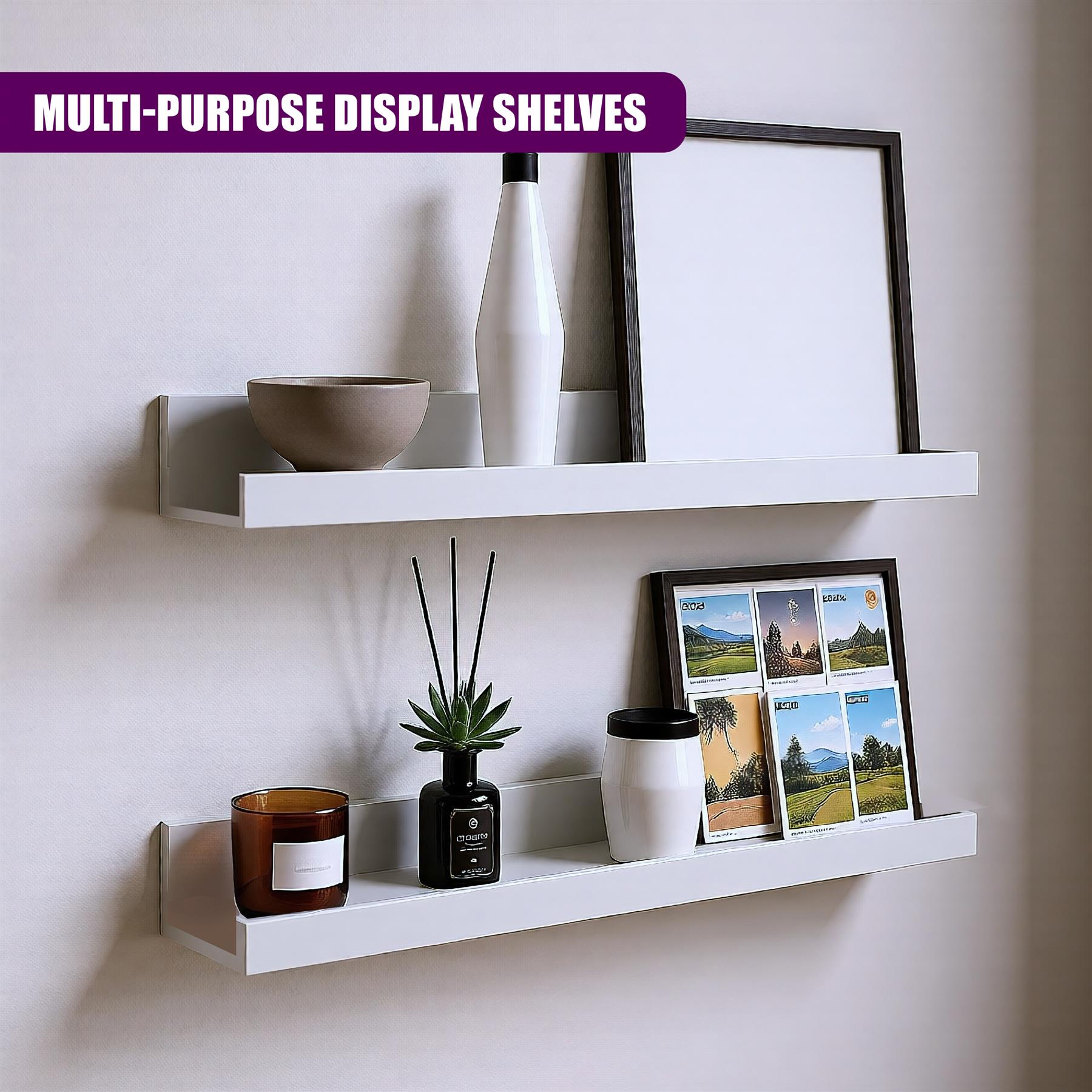 White floating shelf with two shelves on a pristine wall, holding objects like vases, frames and decorative items. - The Magic Toy Shop