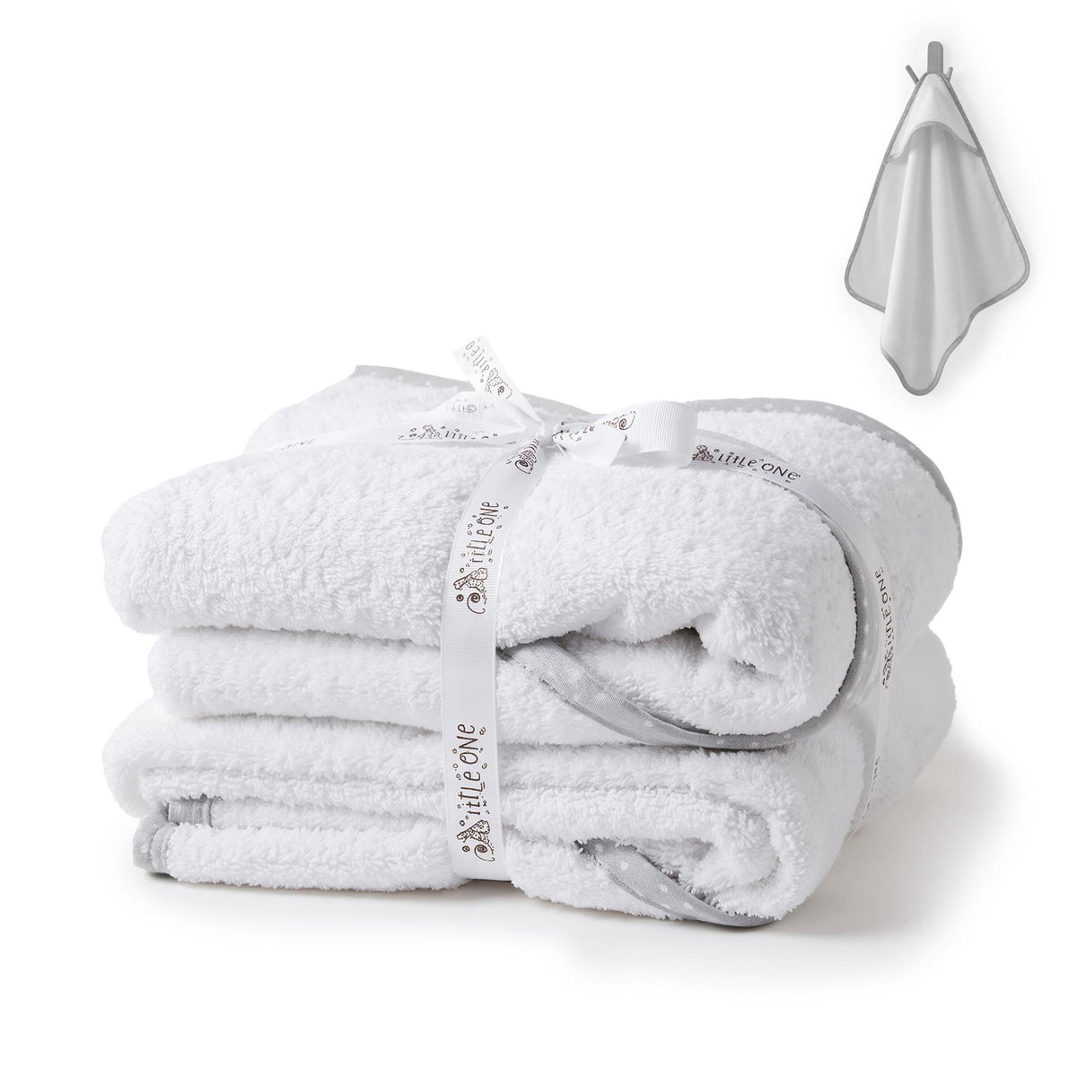 Pack of 2 hooded Little One baby bath towels are neatly stacked in a white setting