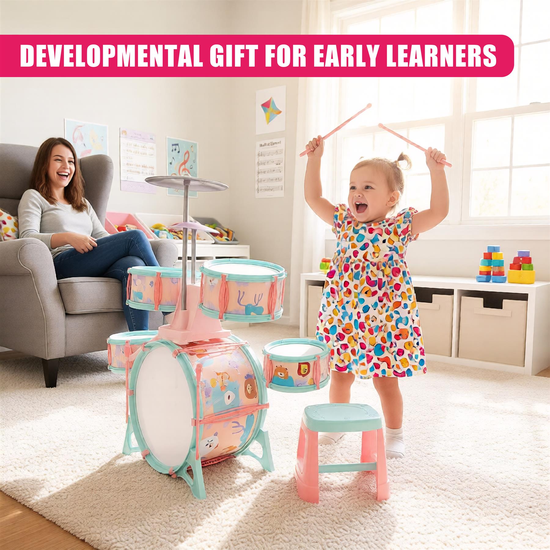 Pink and Green Multi functional Kids Jazz Drum Set 