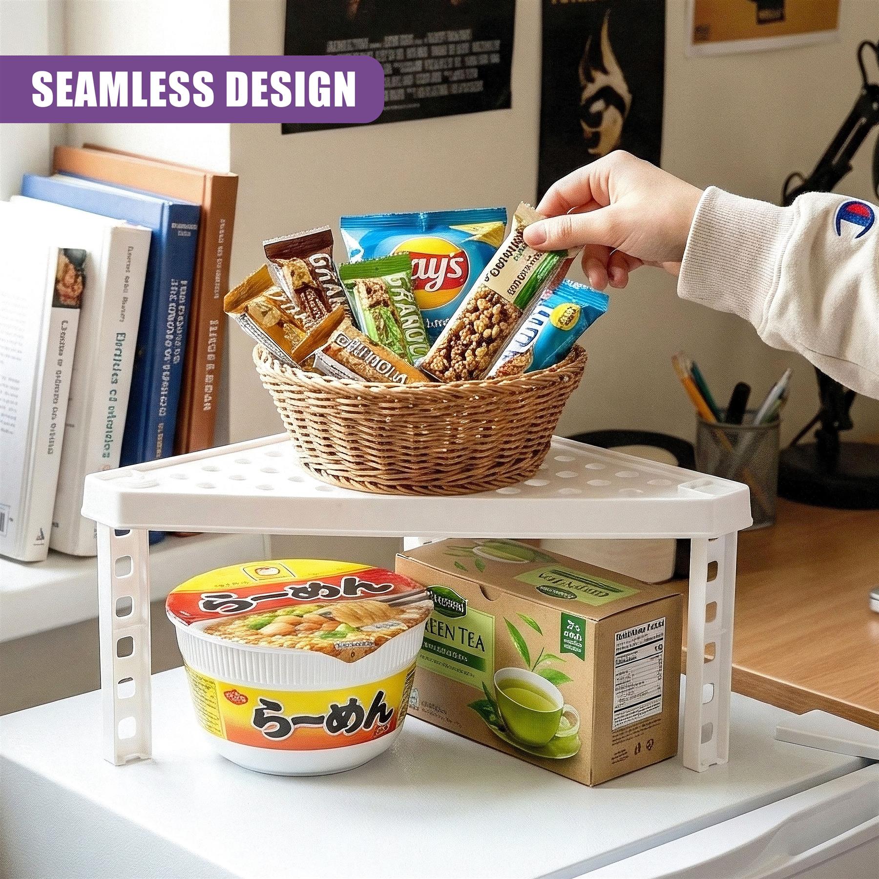 A corner shelf unit holds a basket of snacks, ramen cups, and a box of tea.