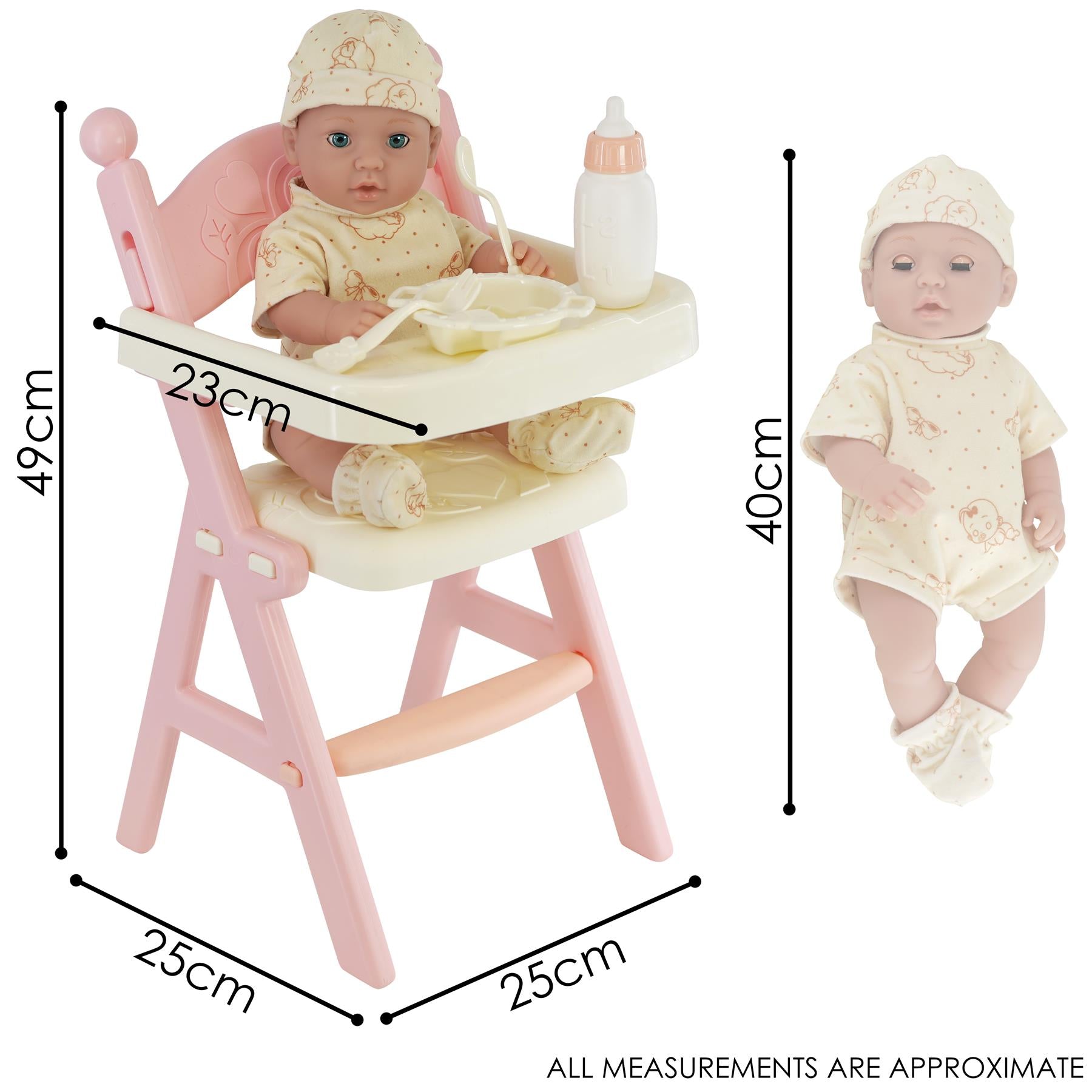 Baby Doll with Feeding High Chair Accessories by BiBi Doll At The Magic Toy Shop