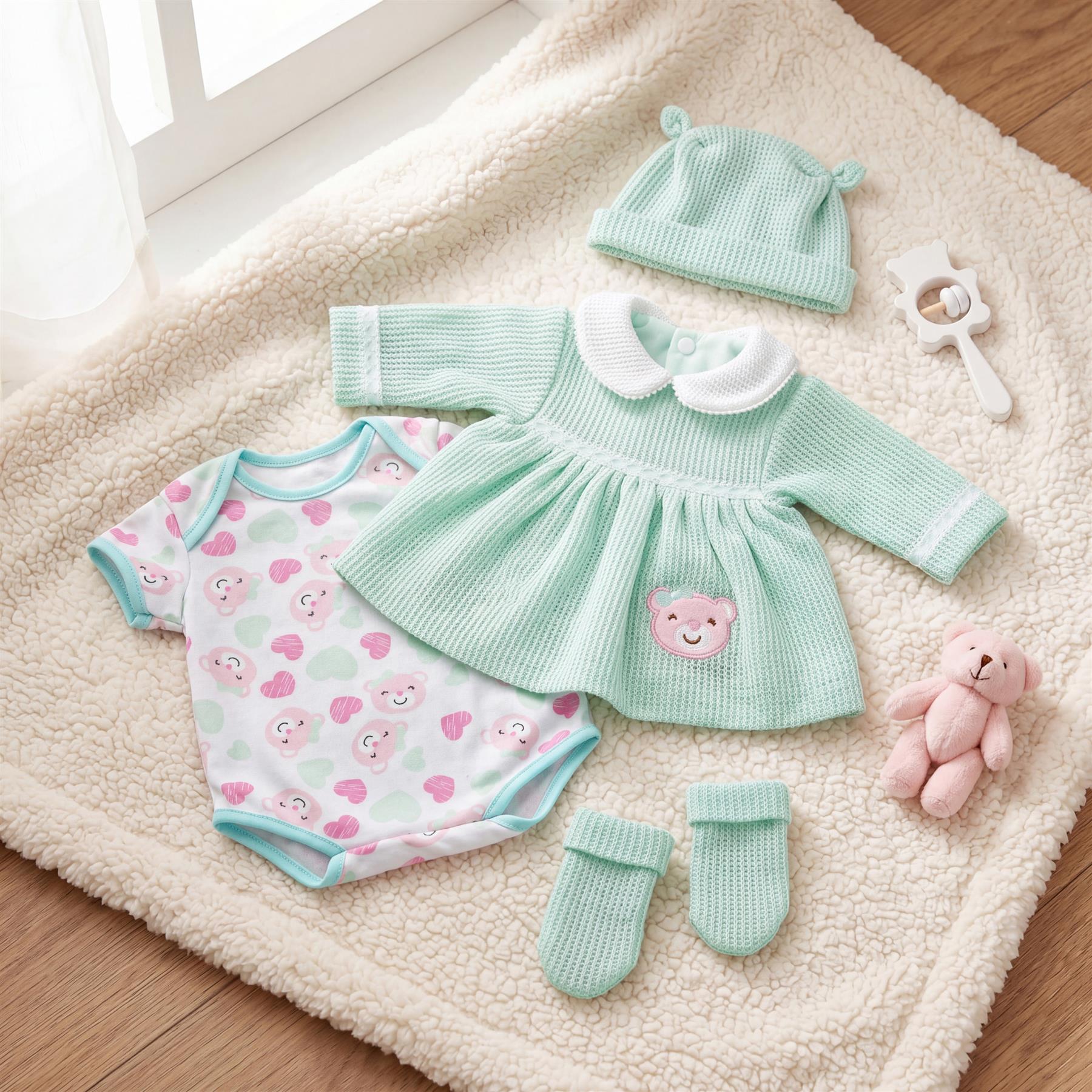 Mint green doll outfit set includes a patterned bodysuit, dress, hat, booties, and plush teddy bear.