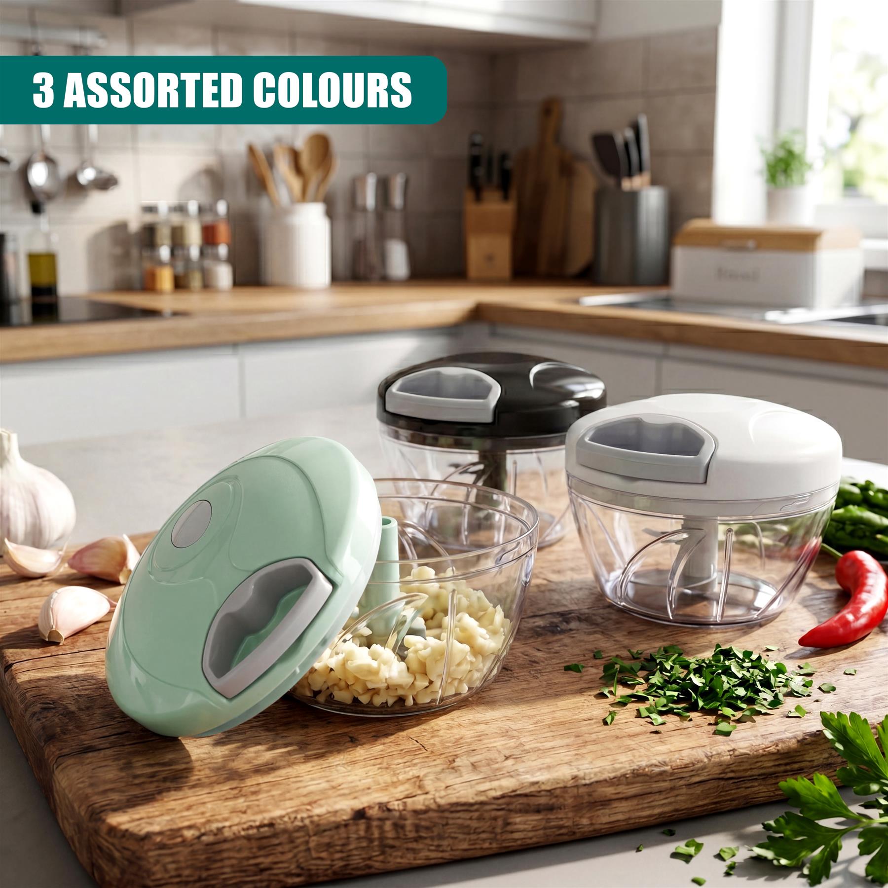 A set of three manual choppers rests on a wood board with fresh herbs and spices.
