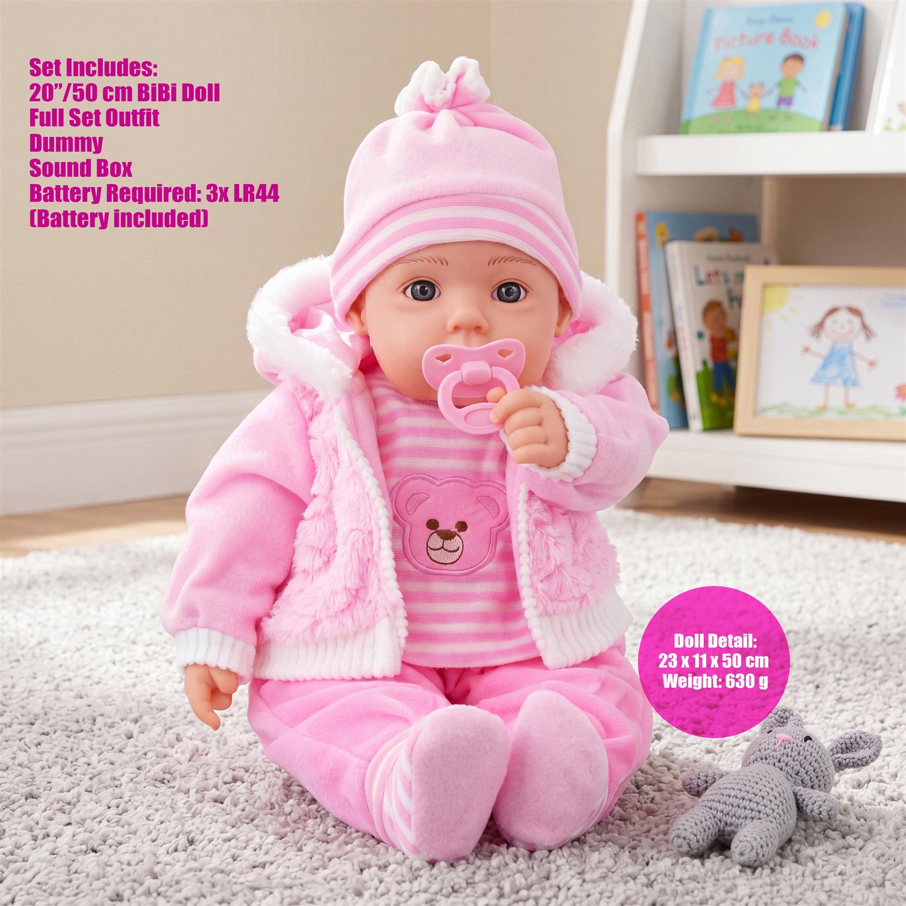 Pink baby doll Little Bear named Pinky, positioned upright and measuring fifty centimeters tall.