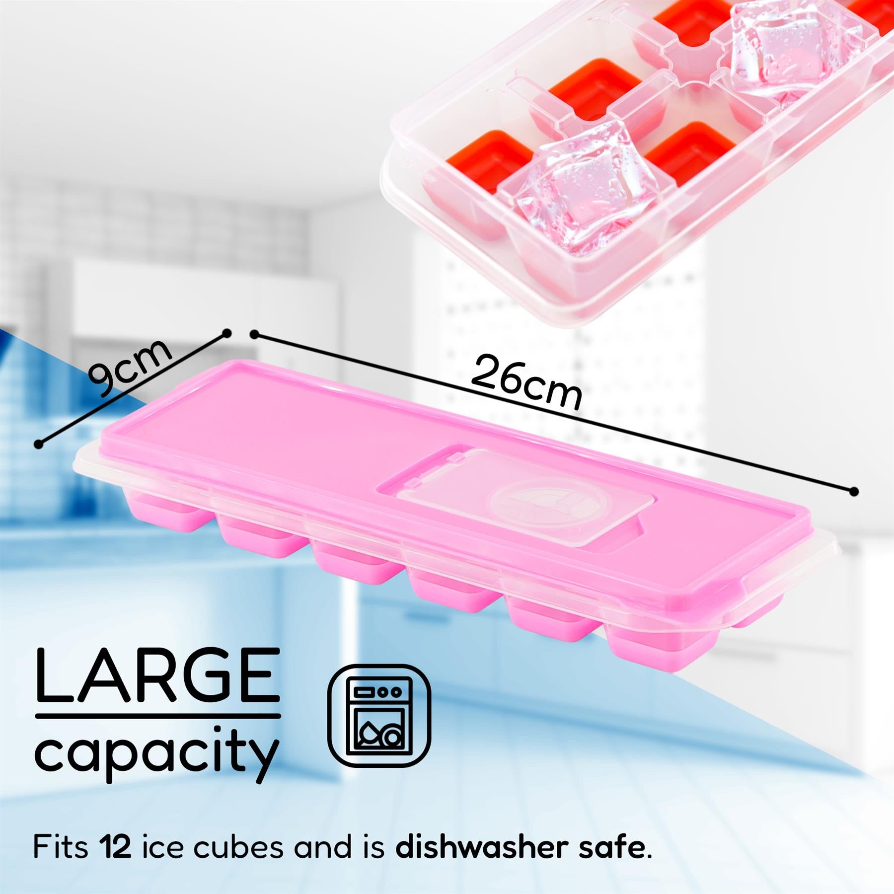 Geezzy 12 cubes ice cube tray with lid on a kitchen counter.