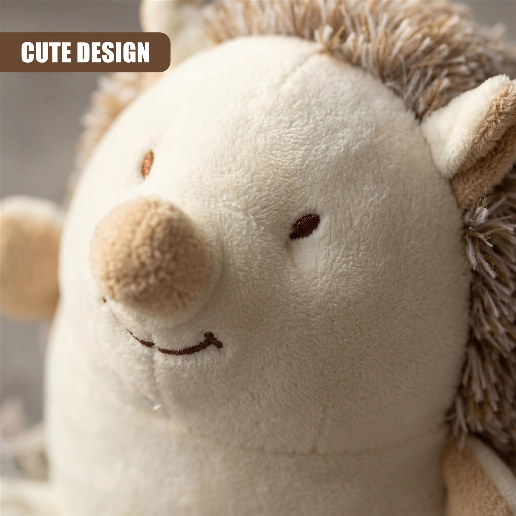 Beige plush hedgehog toy with pronounced nose and stitching, designed as a novelty door stopper.