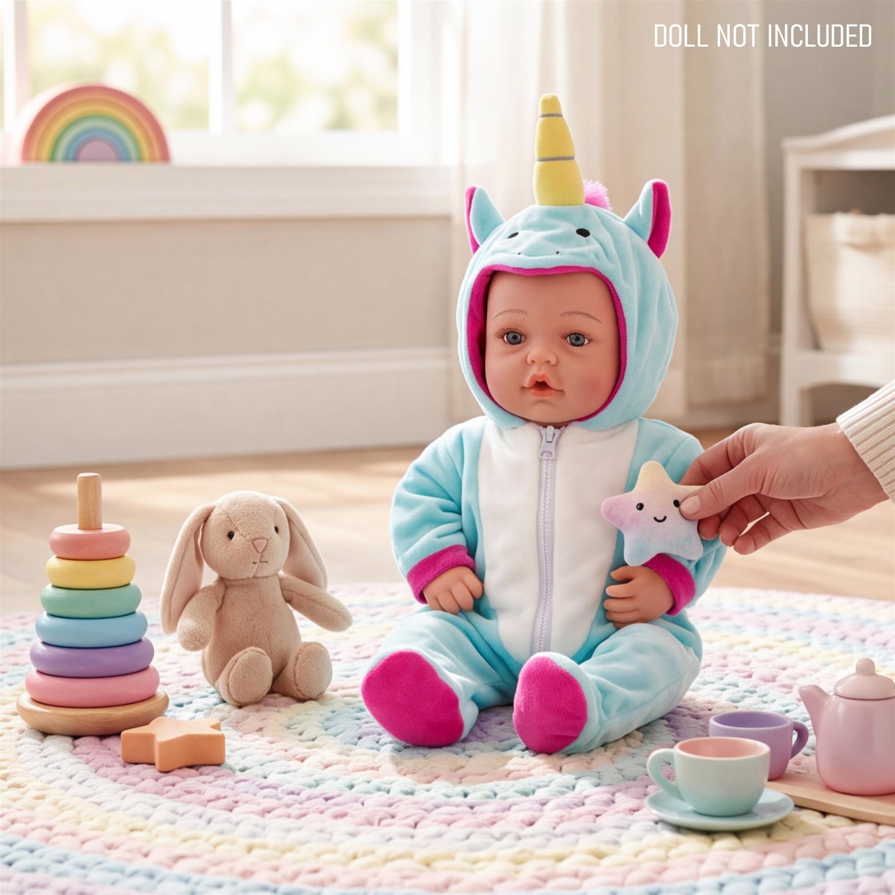 Doll in blue unicorn outfit sits on a colorful rug with plush toys, teaware, and a rainbow stacking ring.