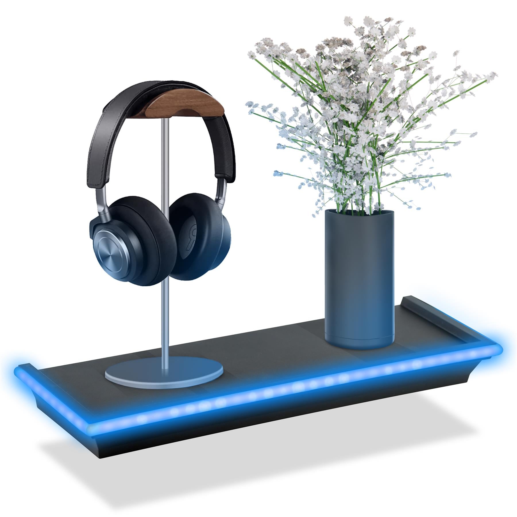 A sleek black floating shelf featuring LED neon lights, displaying a pair of black headphones on a stylish stand and a modern gray vase filled with decorative white flowers. Ideal for organizing and enhancing your space, perfect for home or office decor. themagictoyshop