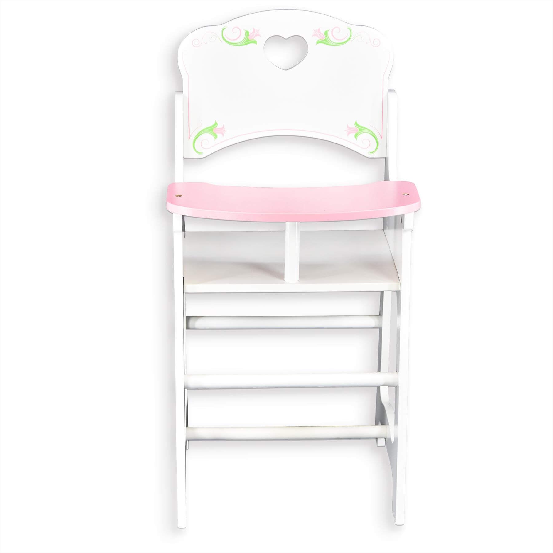 Small white wooden doll high chair with pink trim and blue floral design. - The Magic Toy Shop