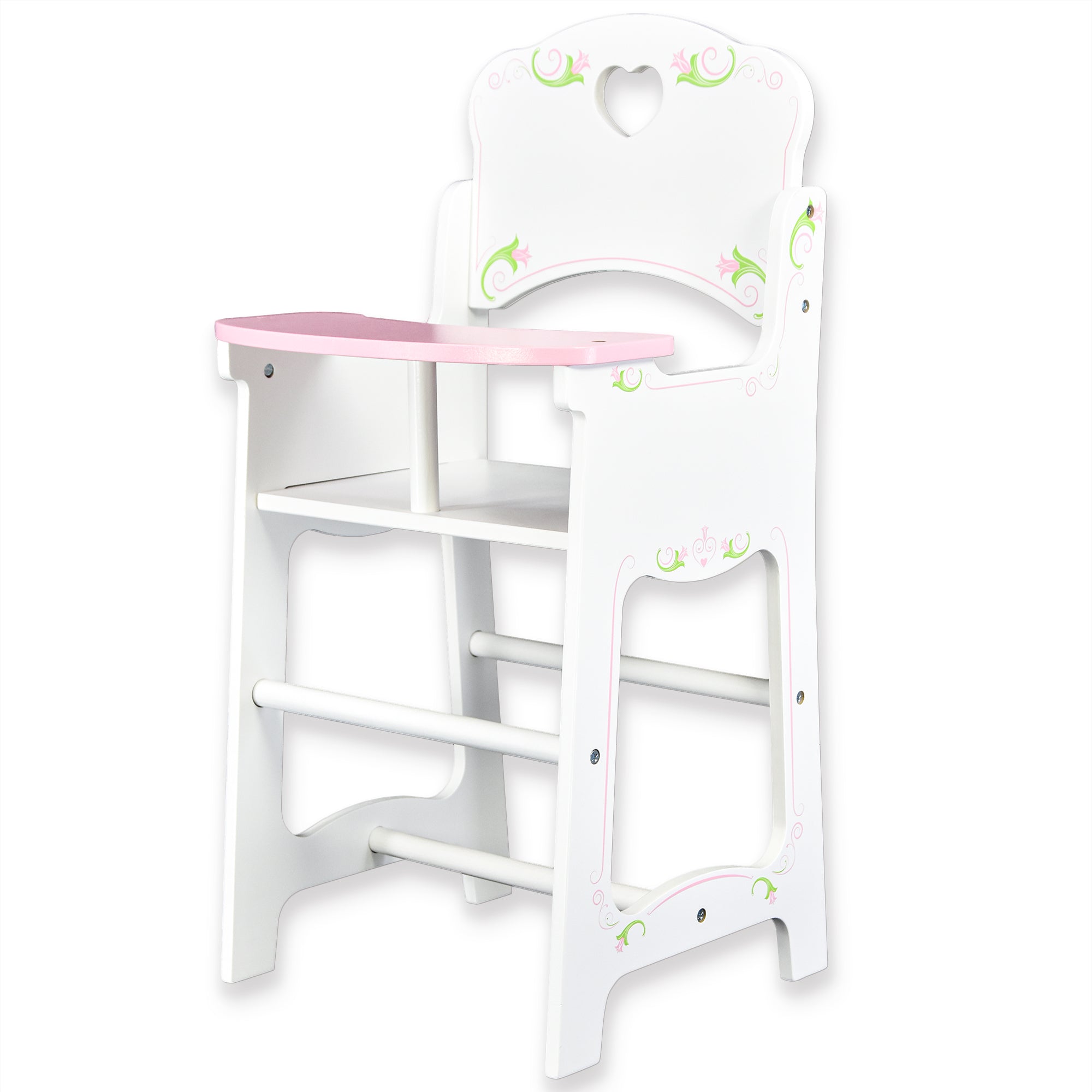 "Bibliotheque-style doll high chair. Features pink cushioning on seat, a white frame with four legs and two rails for support." - The Magic Toy Shop