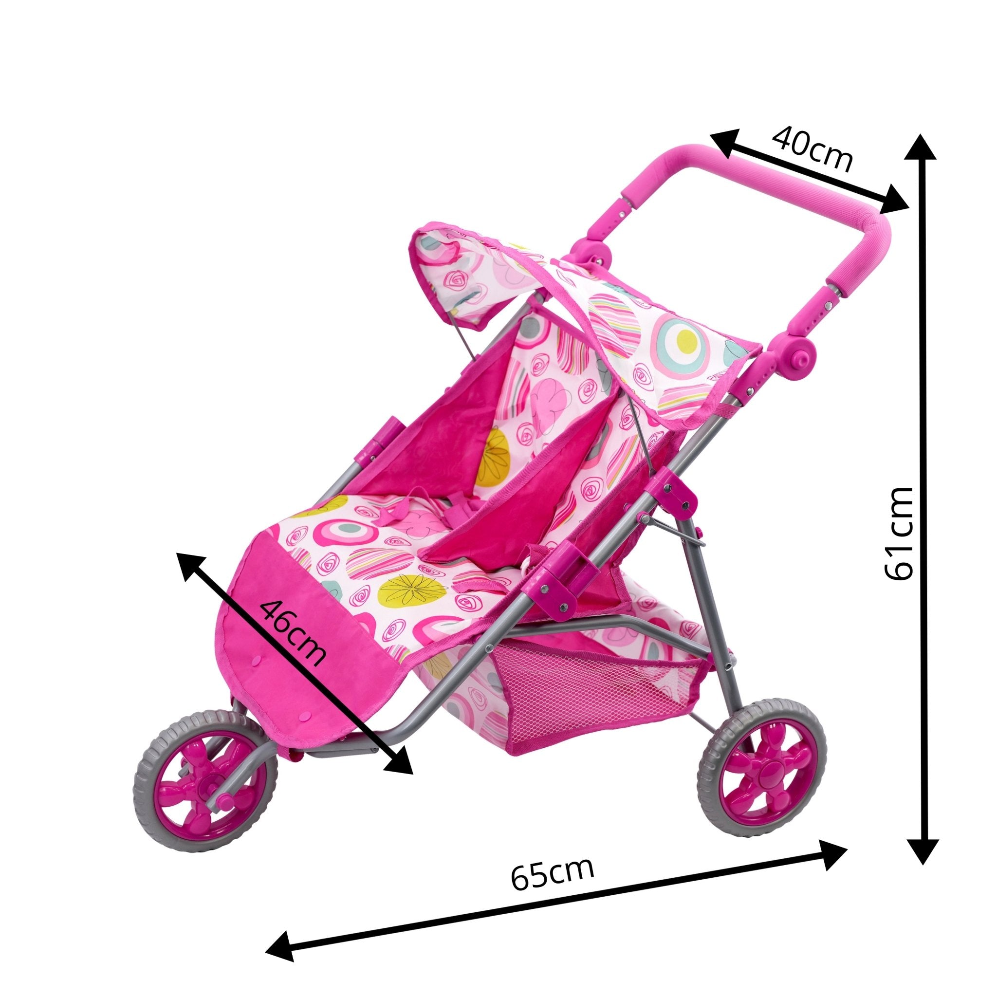 Pink twin doll pushchair with two seats and pink handles, viewed from the side.