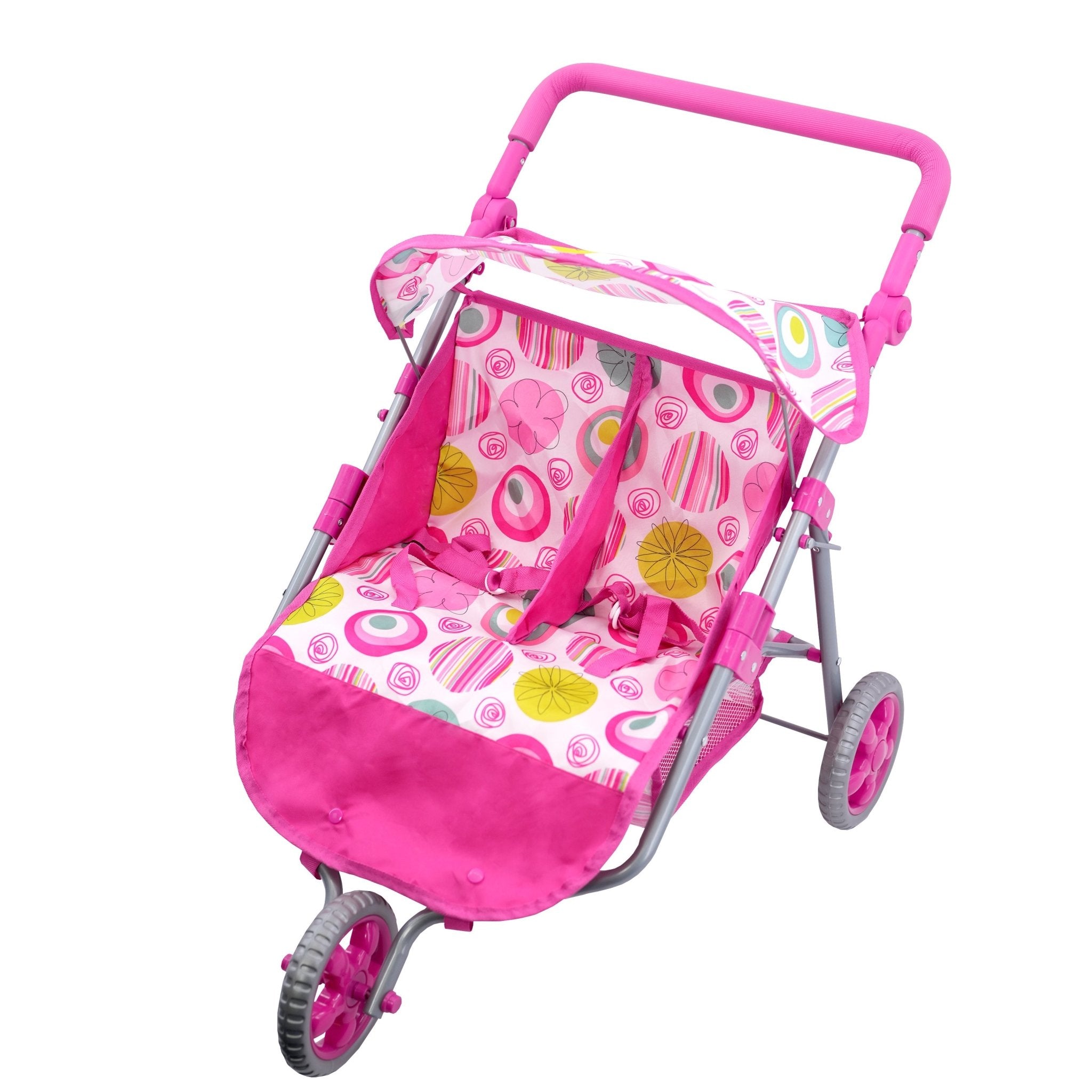 Three-wheeled toy stroller featuring a pink frame, twin patterned seats, and a solid pink bassinet area.