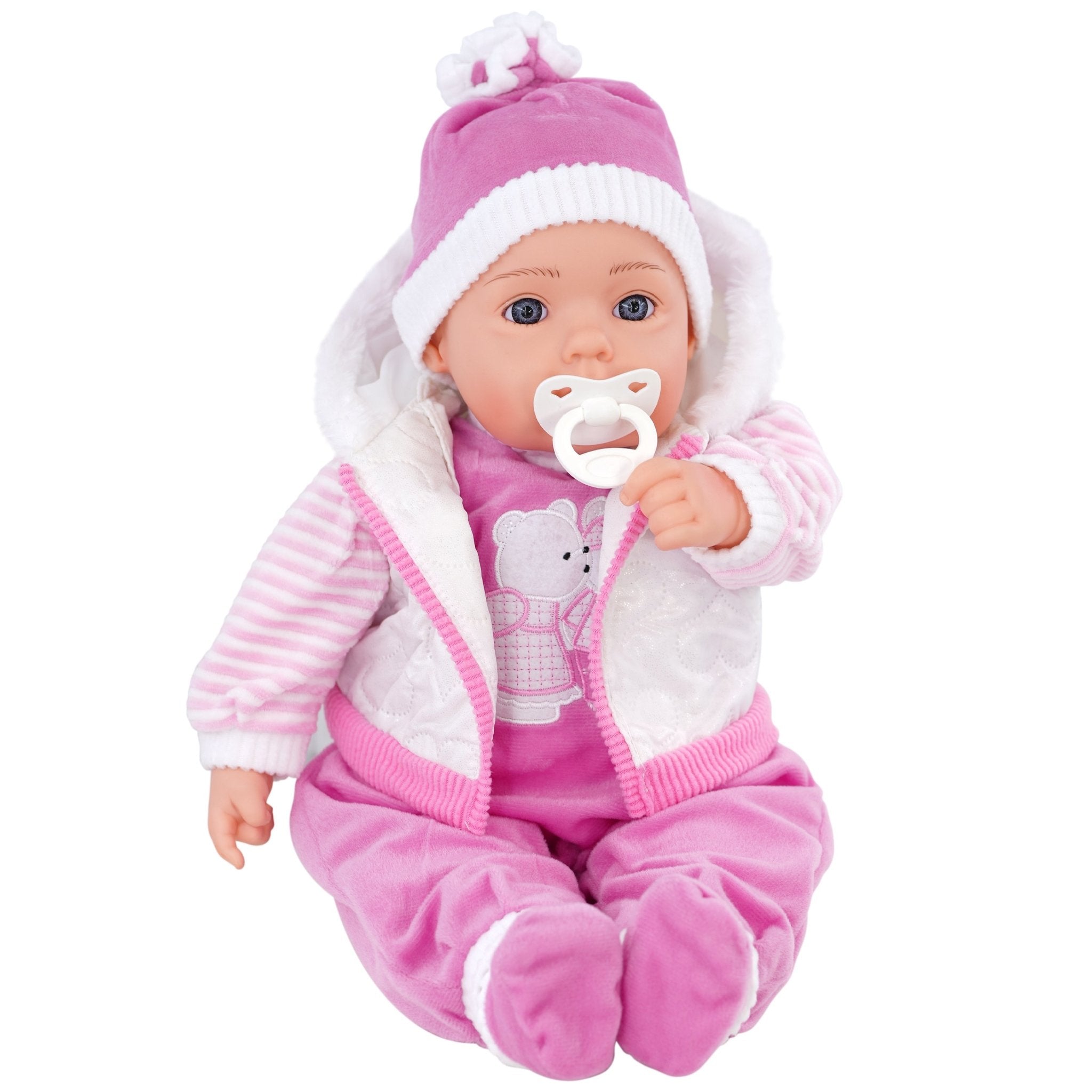 Pink baby doll with pacifier - The Magic Toy Shop