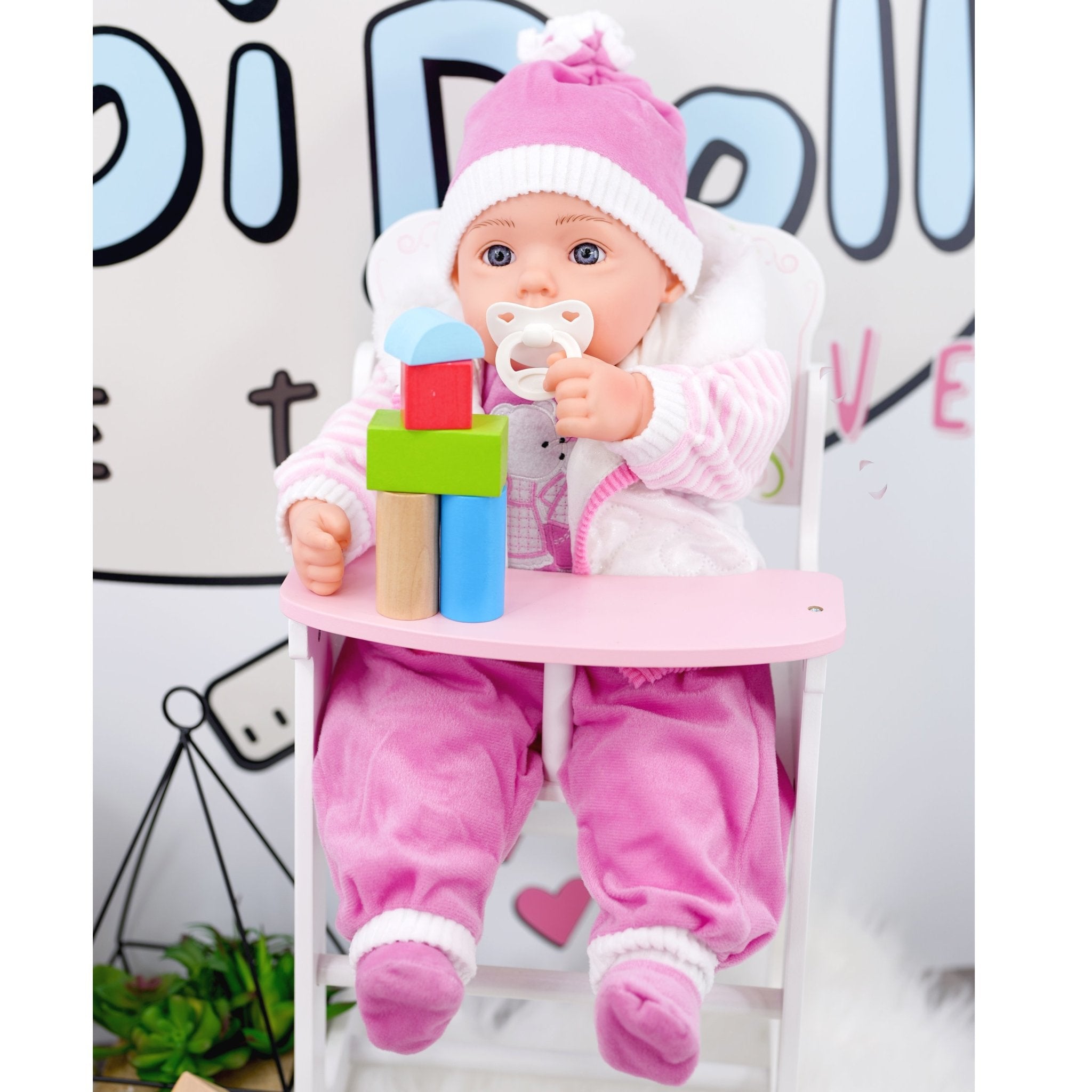 Pink baby doll with high chair and blocks - The Magic Toy Shop