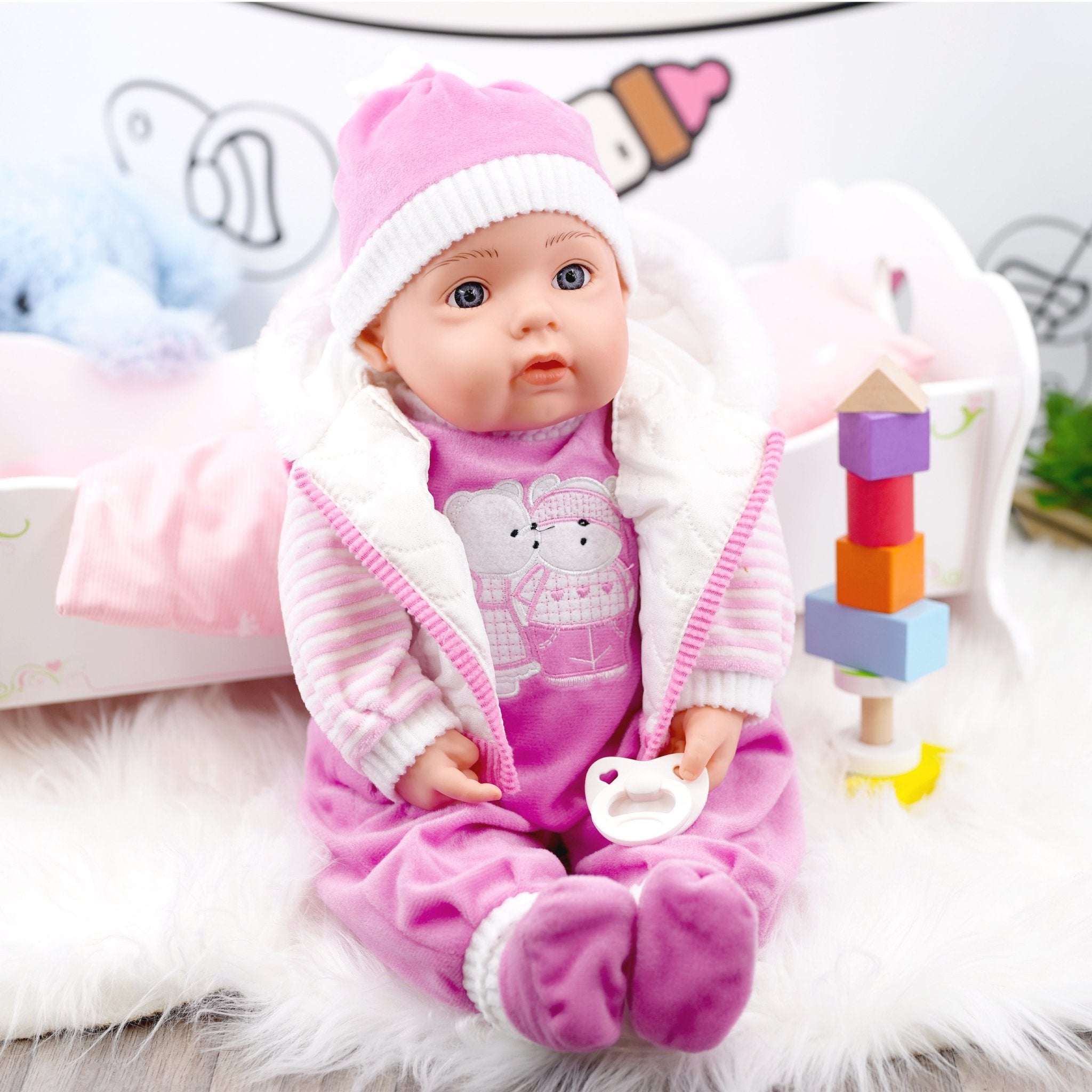 Pink Baby Doll with Toy Blocks - The Magic Toy Shop