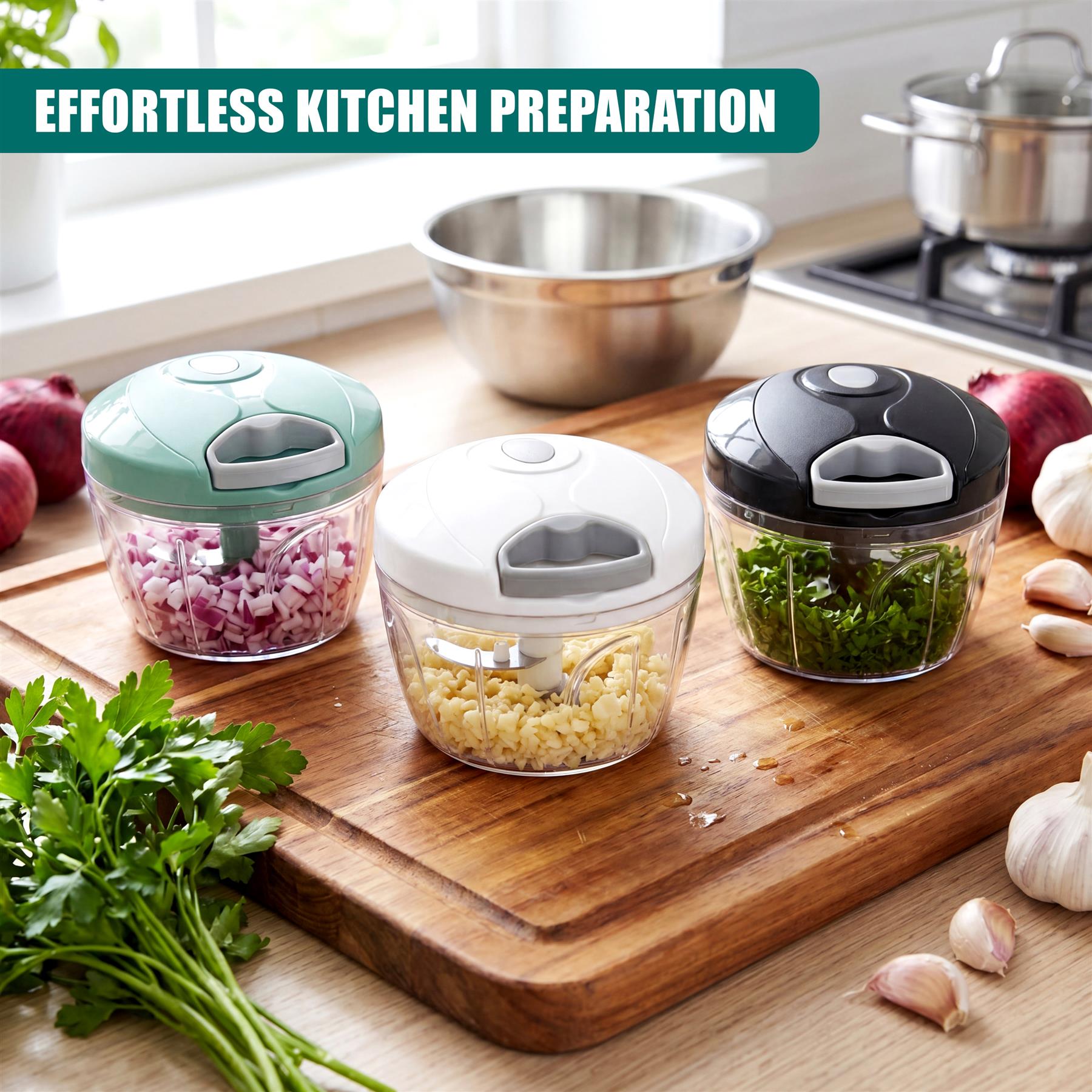 Three clear manual food choppers filled with different ingredients rest on a wooden cutting board.