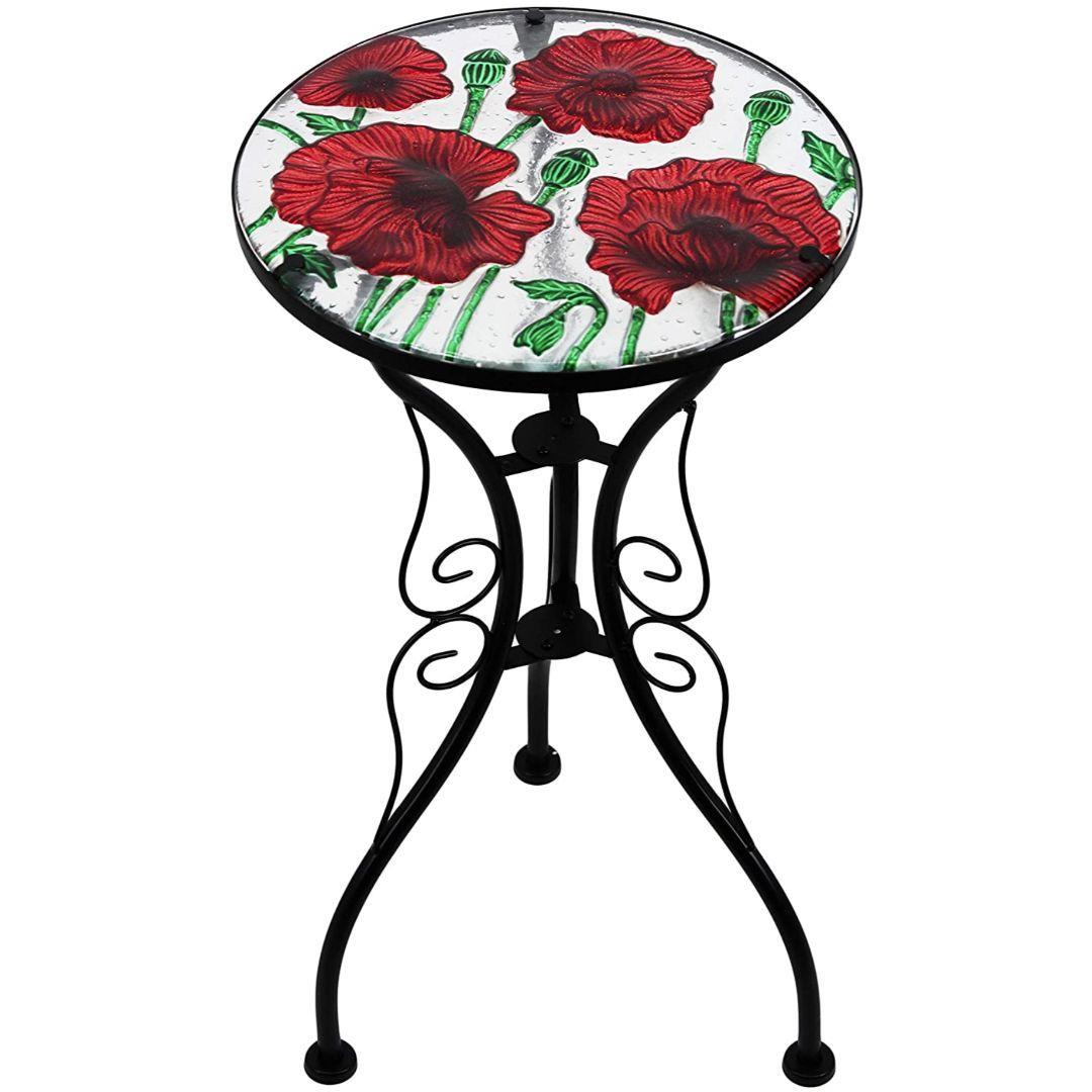 Geezy Round Side Mosaic Garden Table With Poppies Design