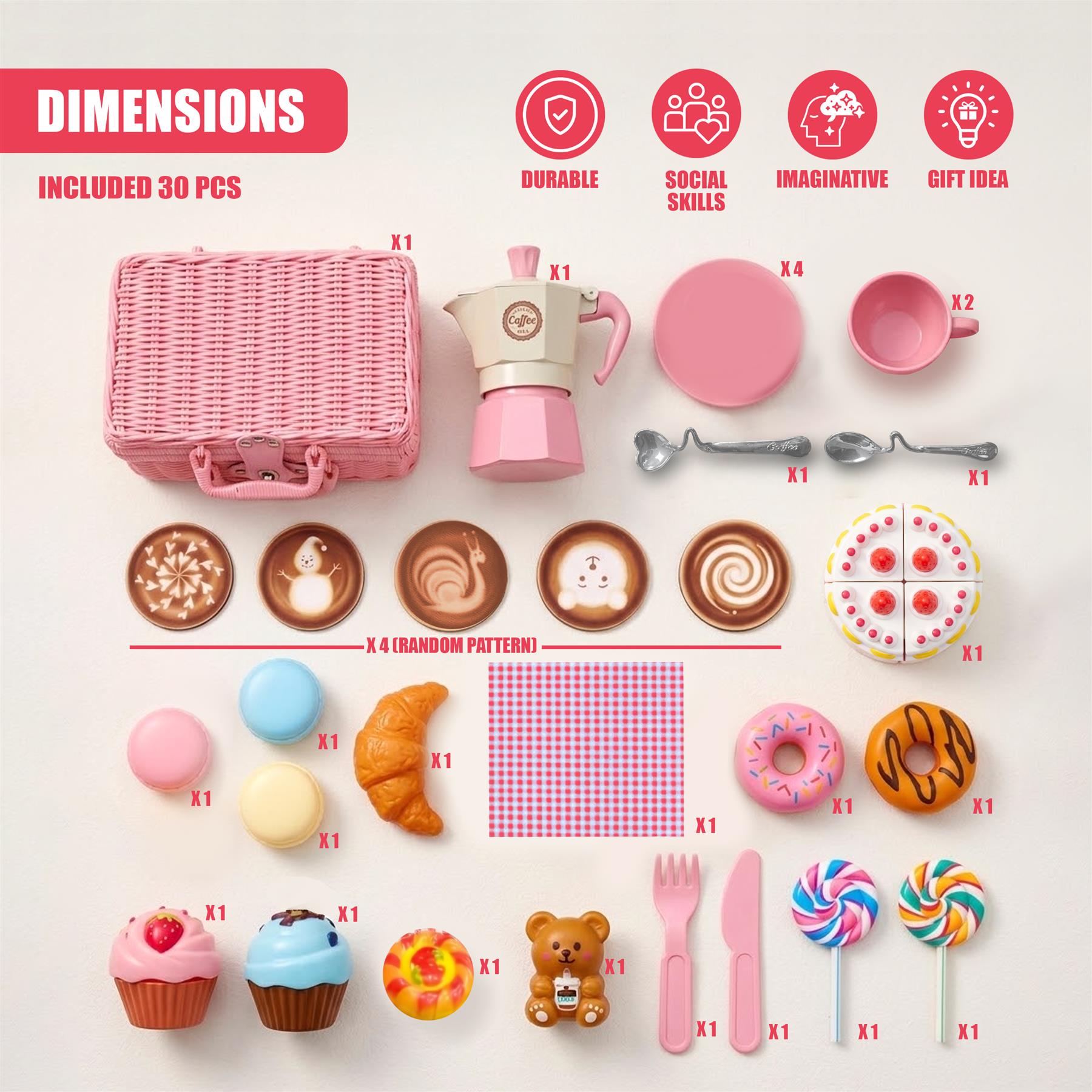 A detailed flat lay showing miniature dishes, a pink tea set, snacks, and plastic toy accessories.