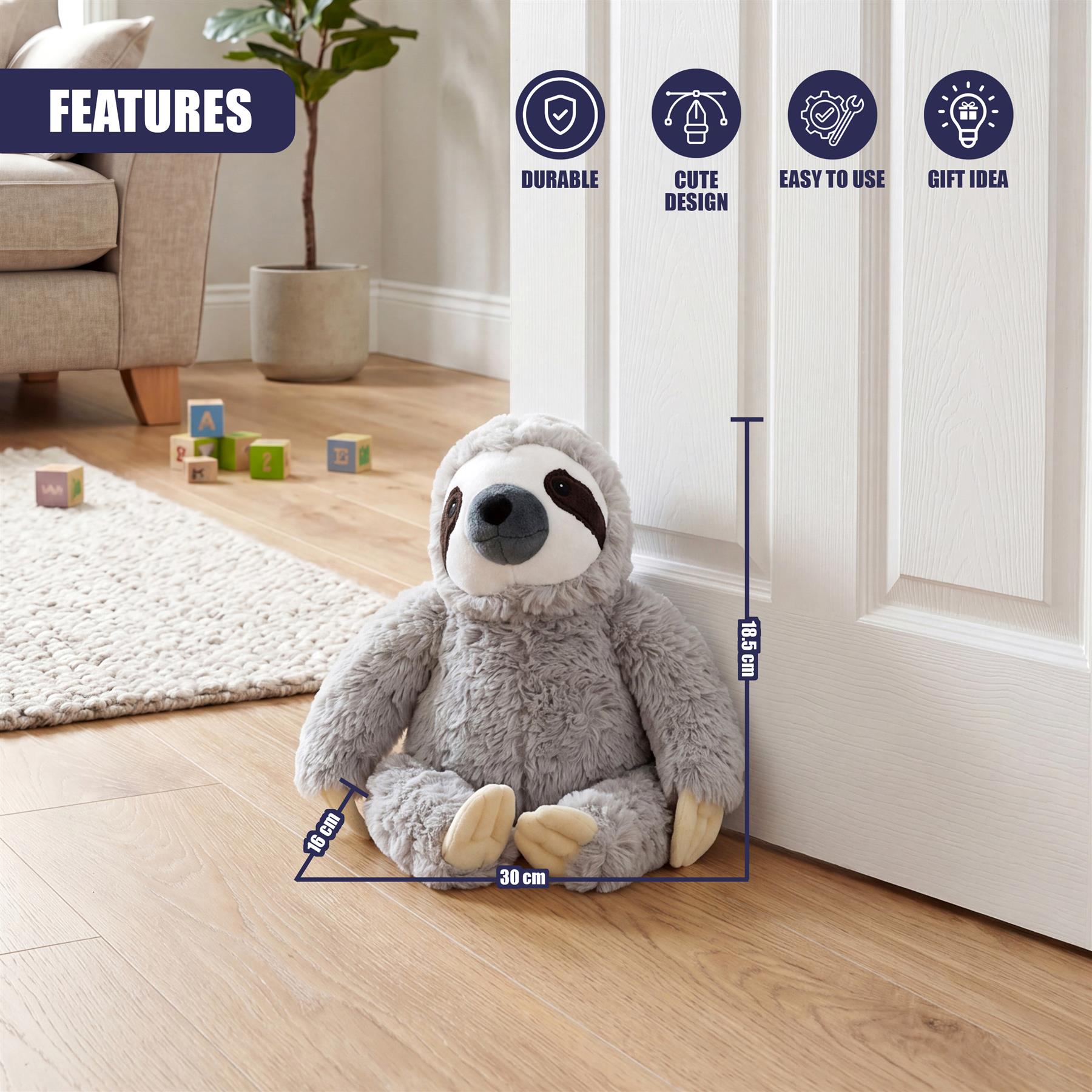Plush sloth door stopper figure measures 30 centimeters wide and 18 centimeters tall against a door.