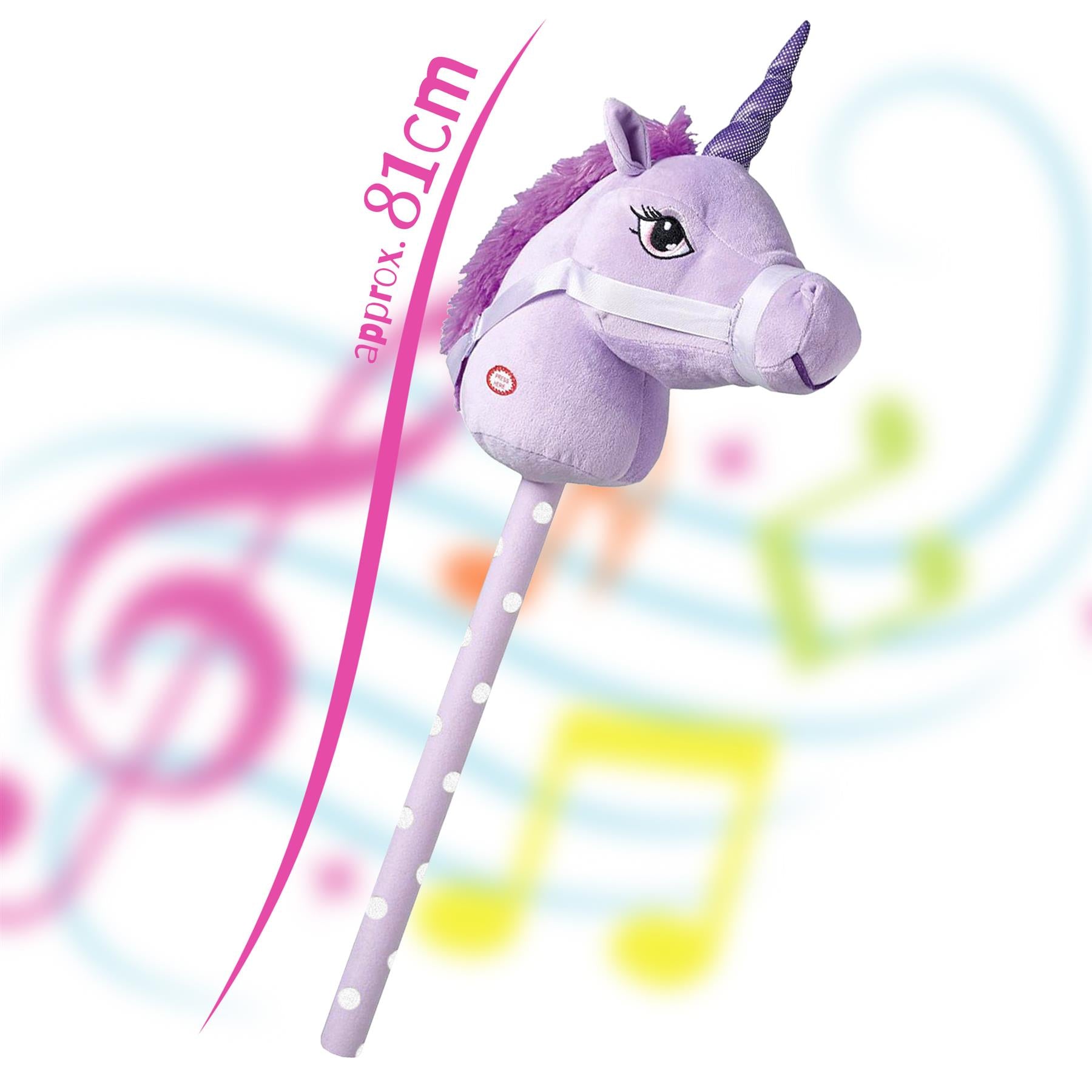 Lilac hobby horse with a plush unicorn head, approximately 81 cm tall, featuring a dotted stick. The horse has a whimsical design with a sparkly horn and a colorful mane, perfect for imaginative play. Ideal for children who love unicorns and fantasy adventures. Available at themagictoyshop.