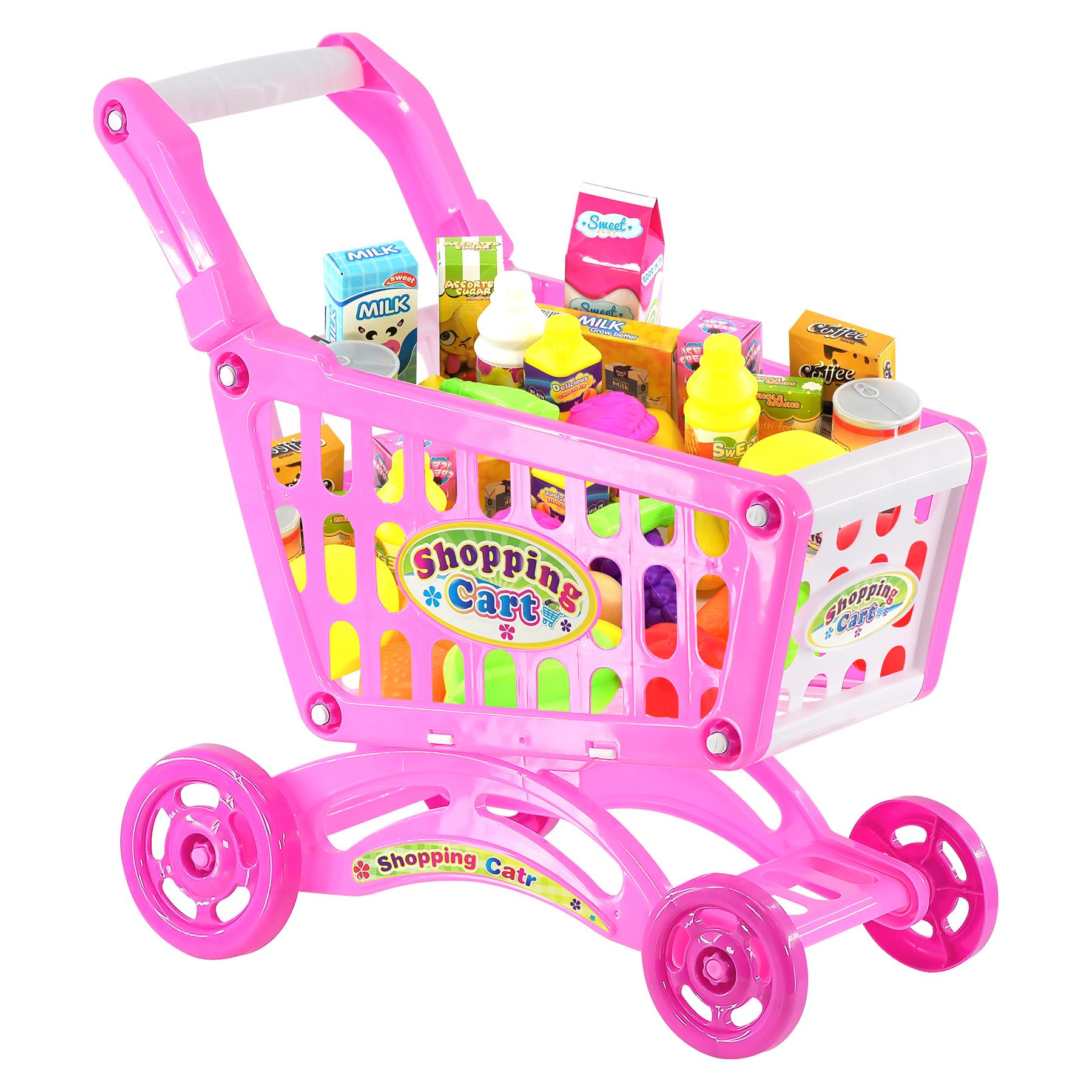 The Magic Toy Shop Pink Shopping Trolley Cart Play Food Set