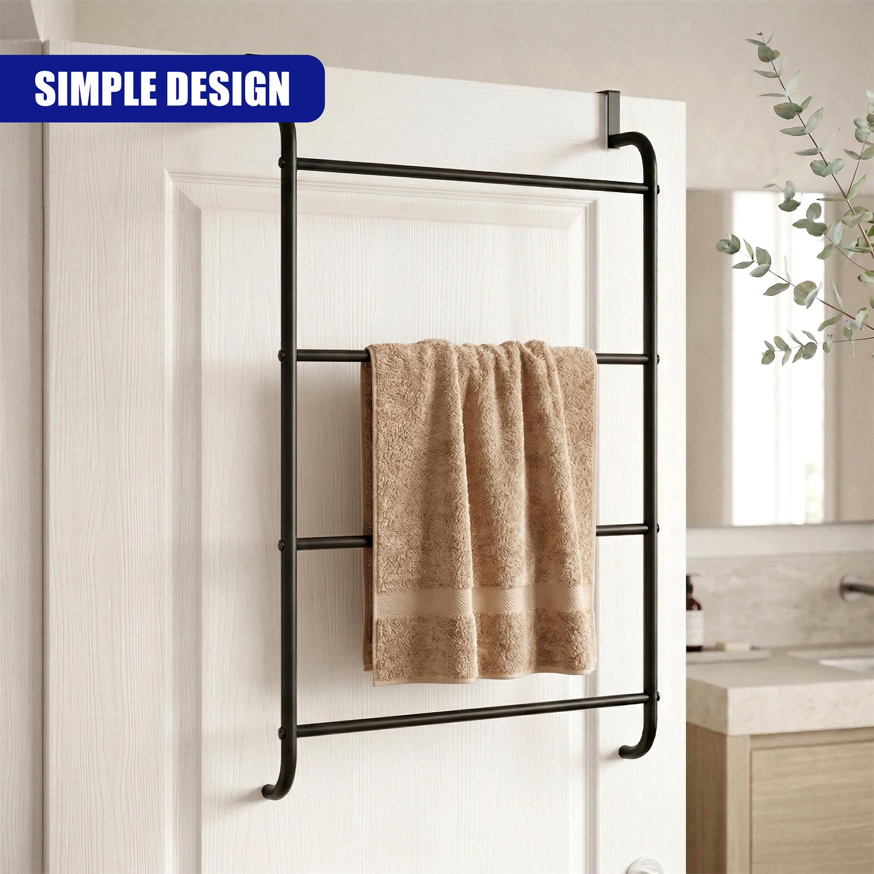 A black towel rail mounted on a white door, holding a neatly folded tan towel.