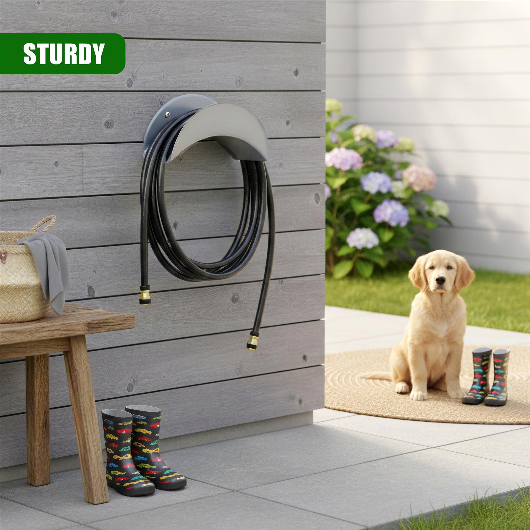Metal bracket mounts a coiled black garden hose to a gray wooden wall paneling.