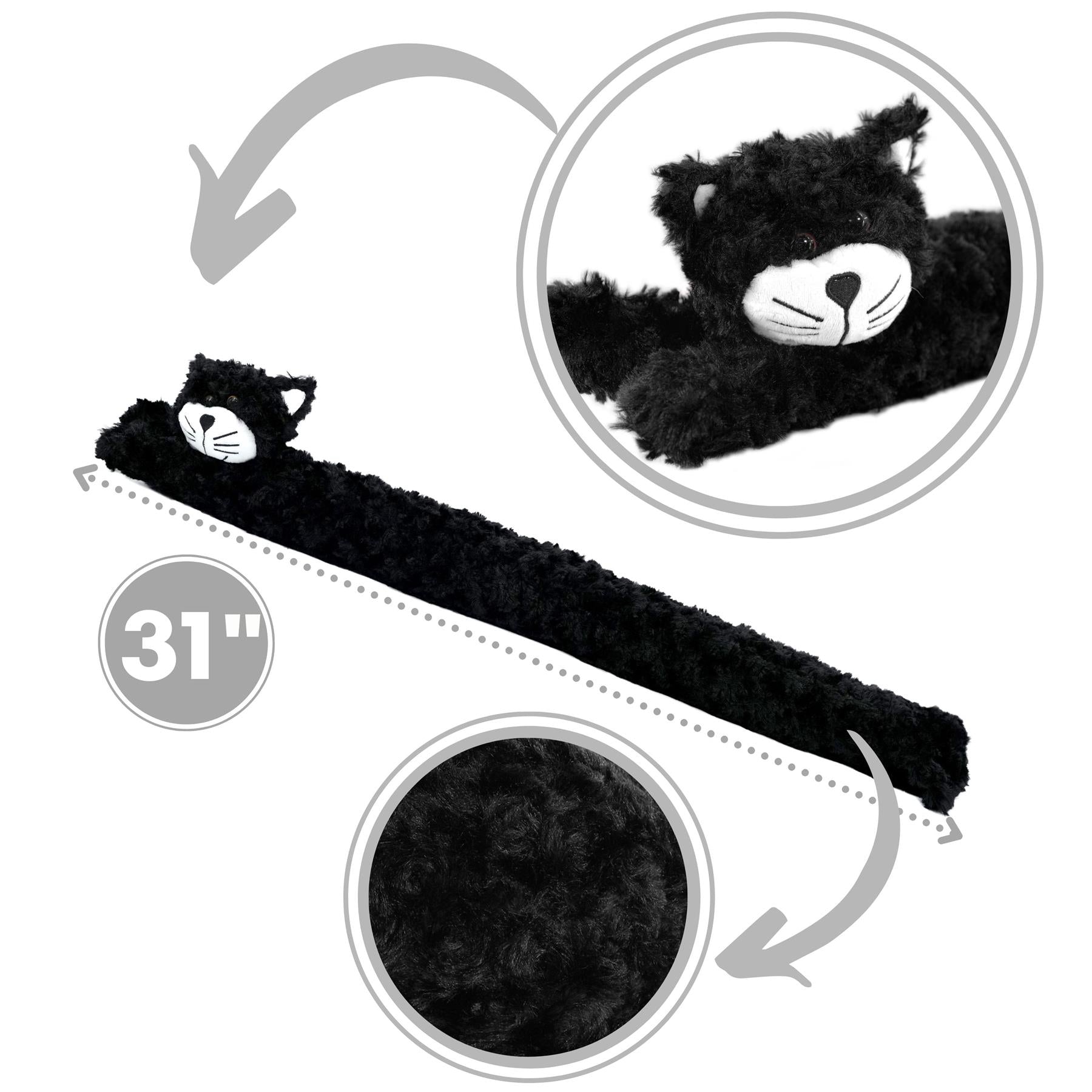 A novelty black cat draught excluder, measuring 31 inches long, designed to block drafts at doors. It features a fluffy black design with a cat face at one end, showcasing adorable ears and facial features. The texture is soft and inviting, perfect for home decor. Ideal for cat lovers and enhancing cozy interiors. Available at themagictoyshop.