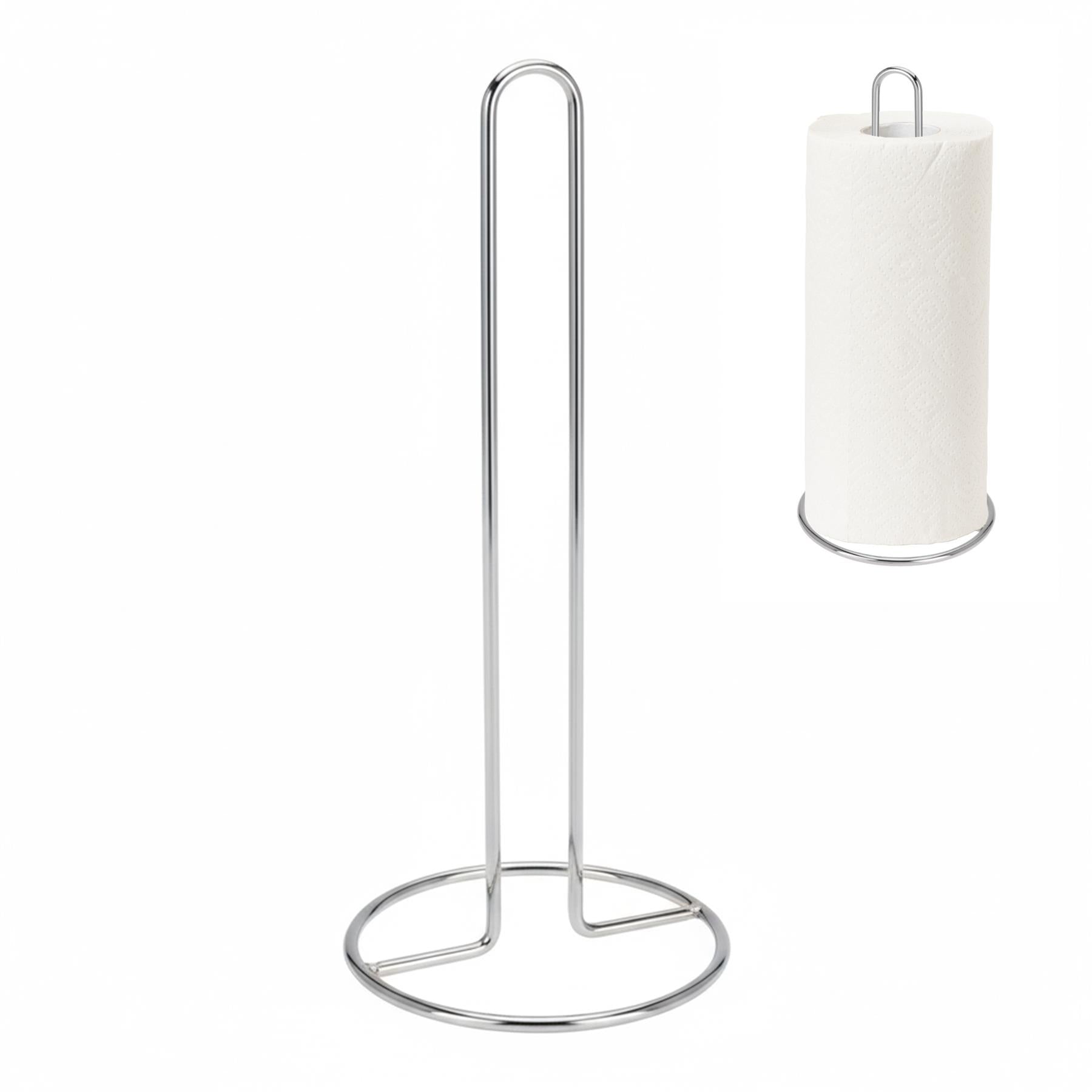 Chrome metal kitchen roll stand with a circular base and an accompanying roll of white paper towels.